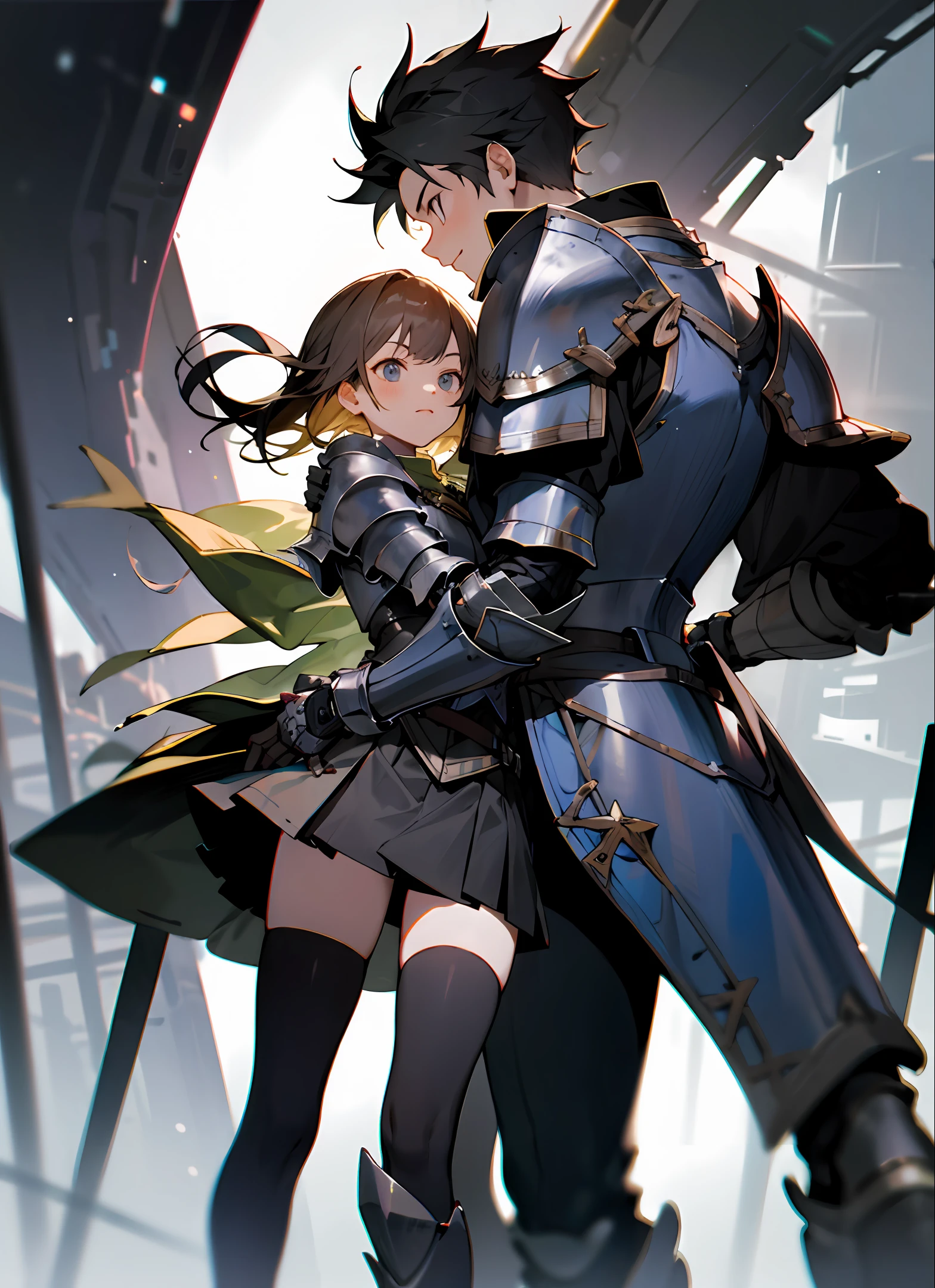 Background Cyberworld,The boy was wearing armor and holding the girl,Short skirt stockings for girls