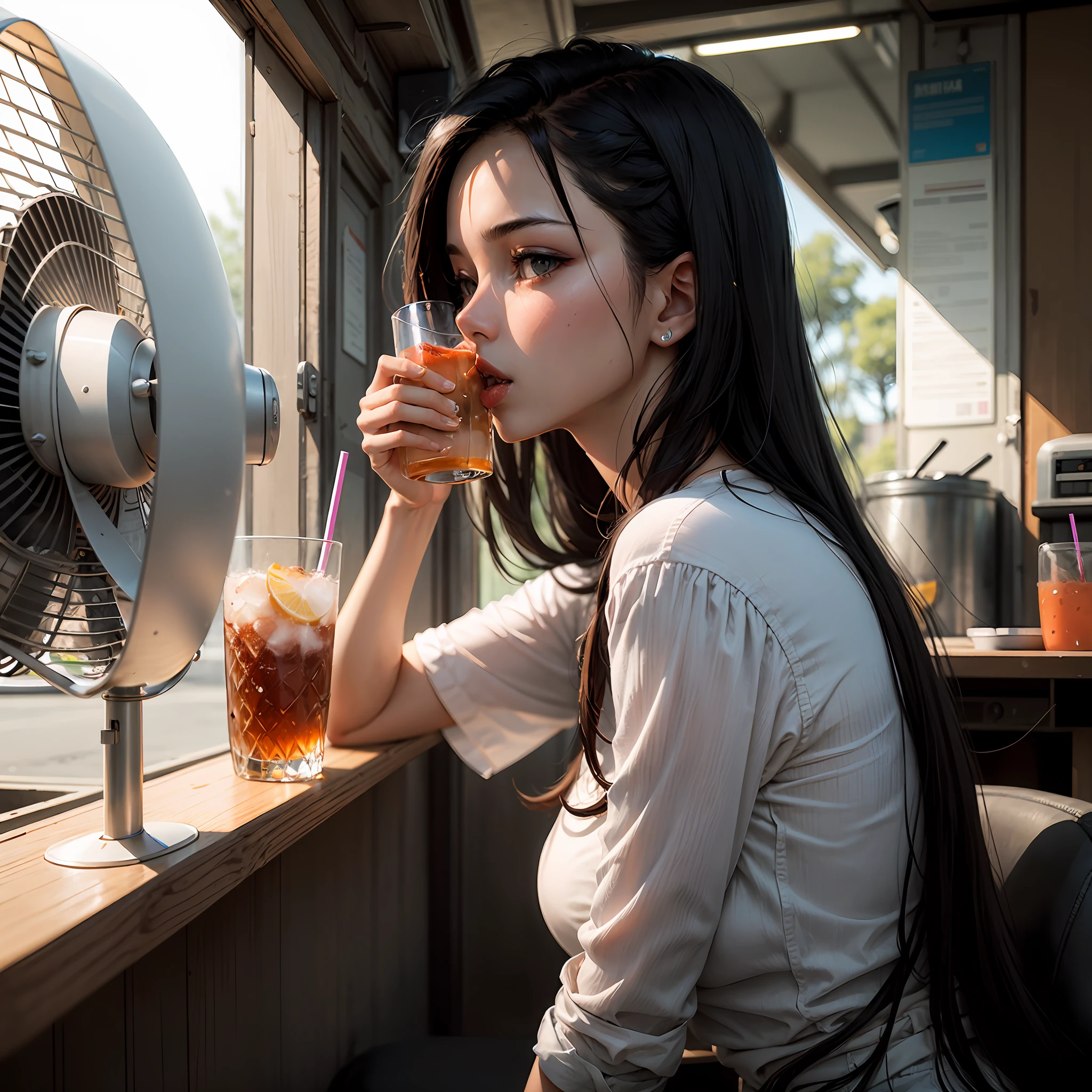 The screen switches to the heroine，She drank a cold drink under a fan --auto