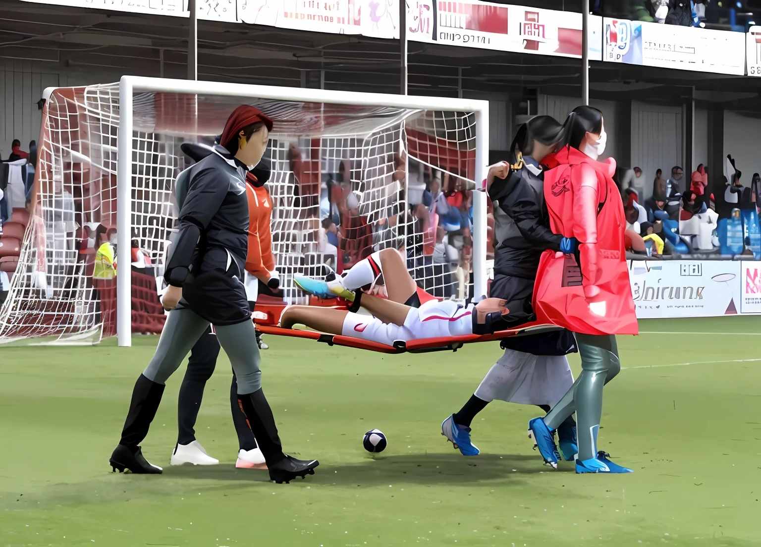 a soccer scene in a chinese sports stadium, rainy weather, wet ground, rainfall, injury scene in a sports stadium, stretcher carry, there are two young schoolgirls in shiny leather-trousers carrying a stretcher, there are two longhaired schoolgirls in high-shine latex-leggings who are carrying a stretcher in a rainy sports stadium, there is a wounded male soccer player in a short sports outfit lying on the stretcher, an injured male soccer player is lying on his back on a stretcher and is grabbing his hurting leg with his hands, a soccer player is rearing up in intense pain while lying on his back on a stretcher and grabbing his injured leg with his hands, dramatic scene, theatralic posing scene, dramatic pity scene, injury soccer, first aid, help, pity, there are two very angry looking schoolgirls in shiny latex-trousers who are looking very sad and very terrified and very shocked, the injured soccer player is screaming out in pain while he is carried from the pitch on a stretcher through the rain