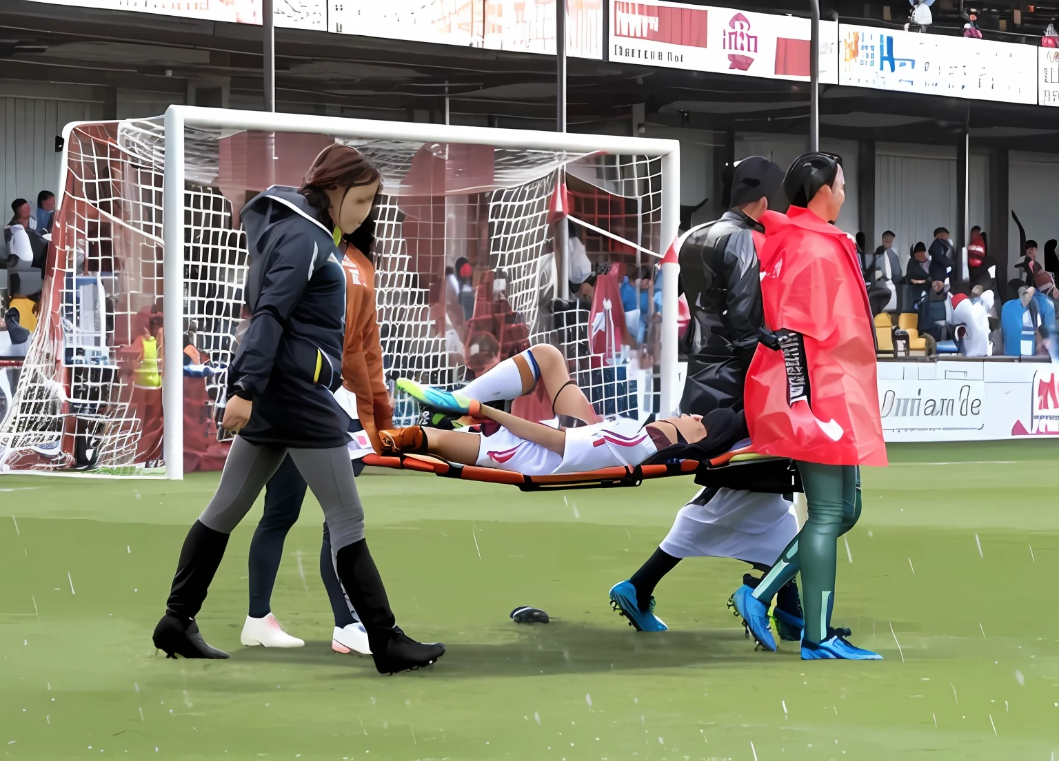 a soccer scene in a chinese sports stadium, rainy weather, wet ground, rainfall, injury scene in a sports stadium, stretcher carry, there are two young schoolgirls in shiny leather-trousers carrying a stretcher, there are two longhaired schoolgirls in high-shine latex-leggings who are carrying a stretcher in a rainy sports stadium, there is a wounded male soccer player in a short sports outfit lying on the stretcher, an injured male soccer player is lying on his back on a stretcher and is grabbing his hurting leg with his hands, a soccer player is rearing up in intense pain while lying on his back on a stretcher and grabbing his injured leg with his hands, dramatic scene, theatralic posing scene, dramatic pity scene, injury soccer, first aid, help, pity, there are two very angry looking schoolgirls in shiny latex-trousers who are looking very sad and very terrified and very shocked, the injured soccer player is screaming out in pain while he is carried from the pitch on a stretcher through the rain