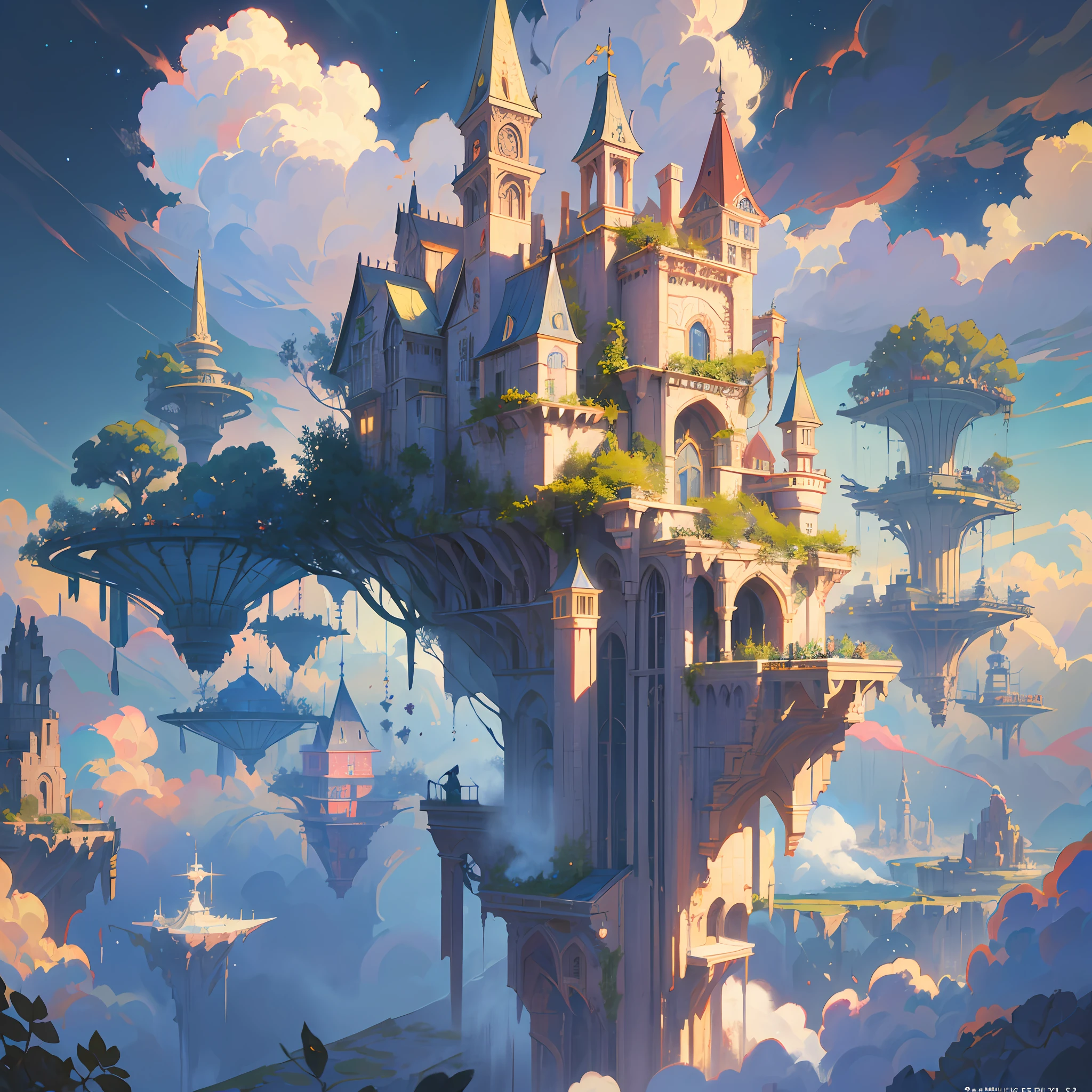 Many islands are suspended in the air with many small airships flying around, cities, fantasy, magical plants growing, extreme details, realistic light, epic composition, (complex details), (complex design, ultra-details :1.2), Art Station, (Masterpiece, Best Quality), Ultra HD, 32k --v 6