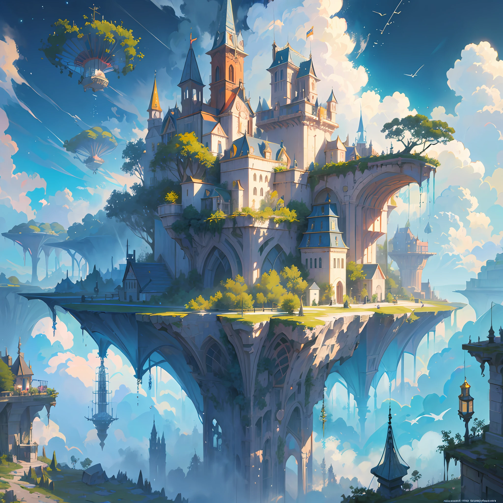 Many islands are suspended in the air with many small airships flying around, cities, fantasy, magical plants growing, extreme details, realistic light, epic composition, (complex details), (complex design, ultra-details :1.2), Art Station, (Masterpiece, Best Quality), Ultra HD, 32k --v 6