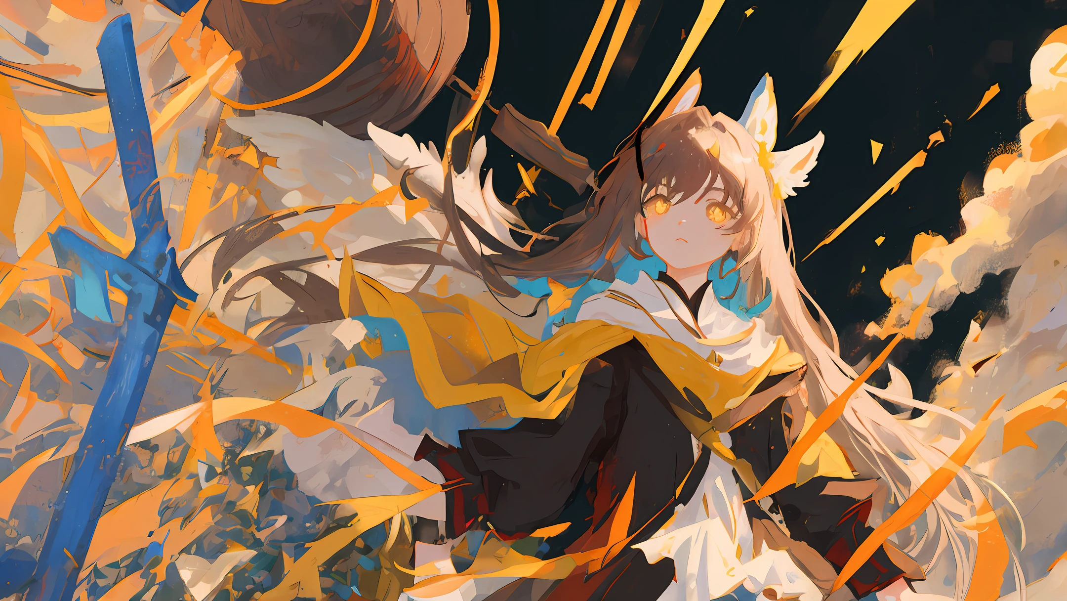 The angel，blone hair，Yellow pupils，holdingsword，skyward，Qiancheng Xue，