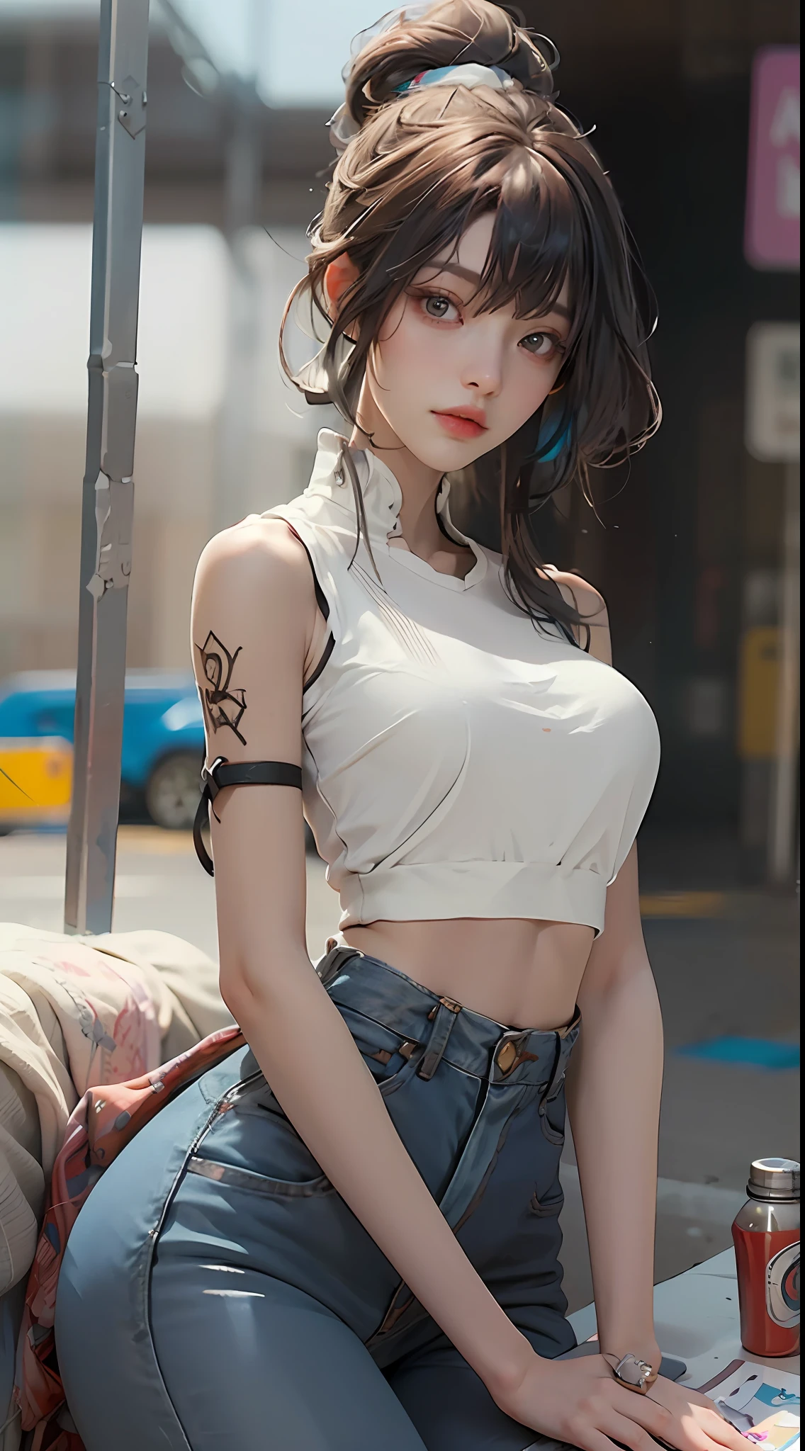 ((Best Quority)), ((a masterpiece of)), (the detail:1.4), 3D, A beautiful cyberpunk female image,hdr(HighDynamicRange),raytrace,NVIDIA RTX,Hyper-Resolution,Unreal 5,Subsurface scattering、PBR Texture、post-processed、Anisotropy Filtering、depth of field、maximum definition and sharpness、multi-layer texture、Albedo e mapas Speculares、Surface coloring、Accurate simulation of light-material interactions、perfectly proportioned、rendering by octane、Two-colored light、Large aperture、Low ISO、White balance、thirds rule、8K raw data、(Skinny denim shorts and skinny sports vest:1.3),(large tities:1.3)