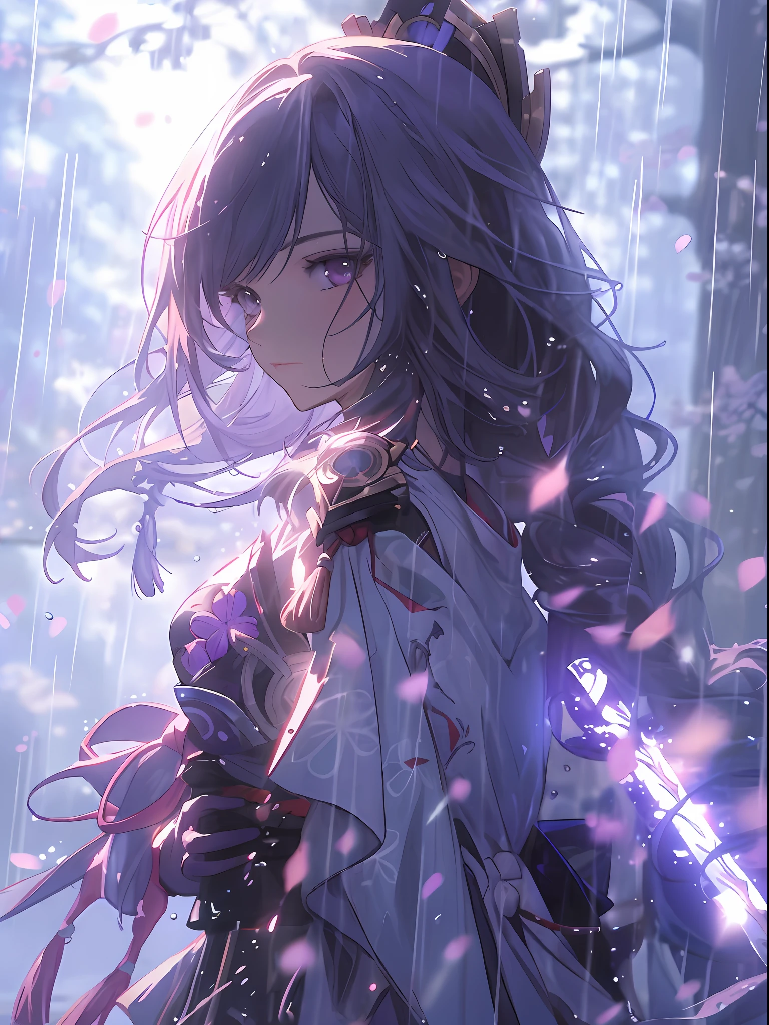 anime girl with long hair and purple eyes standing in the rain, Ayaka Genshin impact, Best anime 4k konachan wallpaper, Anime wallpaper 4 k, Anime wallpaper 4k, Anime art wallpaper 8 K, Anime art wallpaper 4k, Anime art wallpaper 4 K, From Arknights, Keqing from Genshin Impact, 4K anime wallpaper