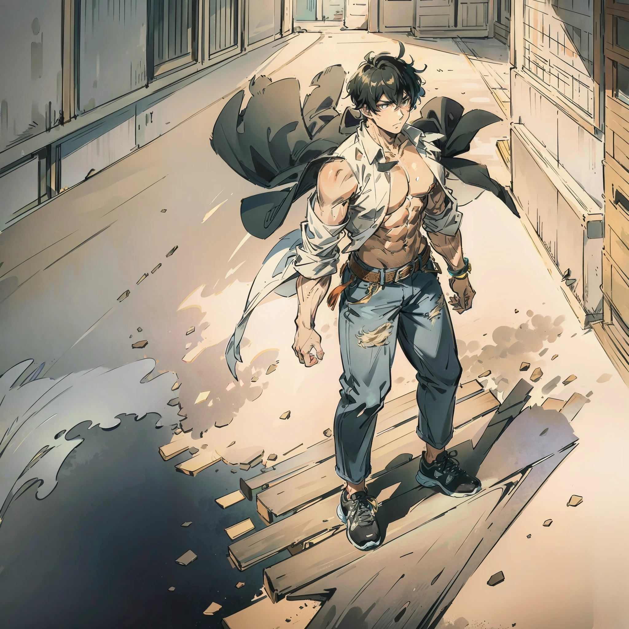 Ultra Detailed, HDR, Manga, Comic style, Manhua, Masterpiece. Young man of 25 years old. Solo male. One man only. Average body shape. Proportionate body size. Anatomically correct body. Grey pupils. Black fluffy hair. South east asian ethnicity. Casual wear. Black sleeveless undershirt, beige off-shoulder jacket, jeans, and sneakers. Walking down old road. Empty street. Empty road.