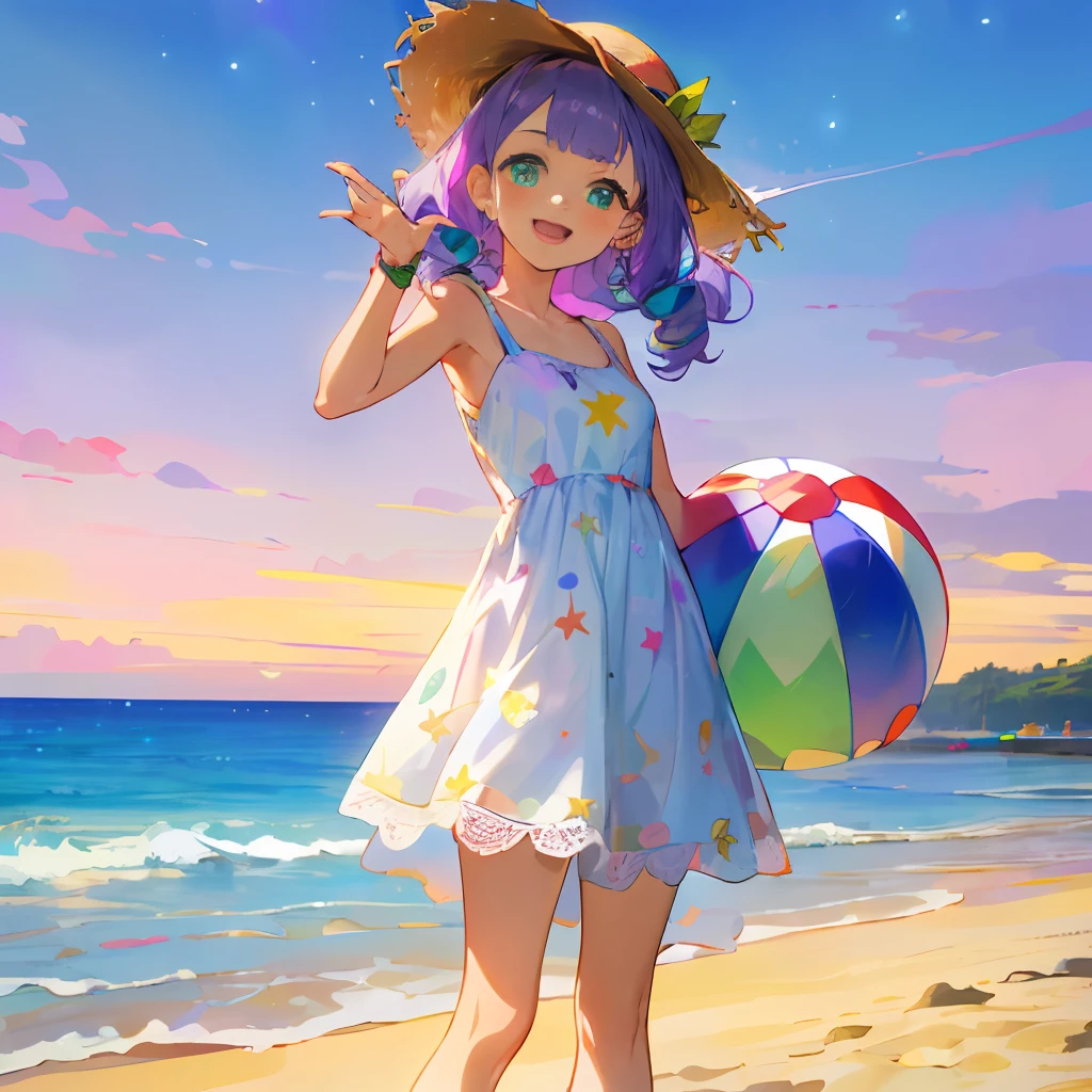 (teens girl:1.0), (lavender hair, medium length:1.2), (soft waves hairstyle:1.1), (bright green eyes, round:1.2), (casual beach clothing:1.2), (lightweight summer one-piece dress:1.2), (straw hat:1.0), (flip flops:1.0), (star-shaped earring:1.1), (lace headband:1.0), (cute accessories:1.3), (peaceful smile :D:1.1), (casual pose, standing:1.3), (beach background:1.3), (holding a beach ball:1.1)