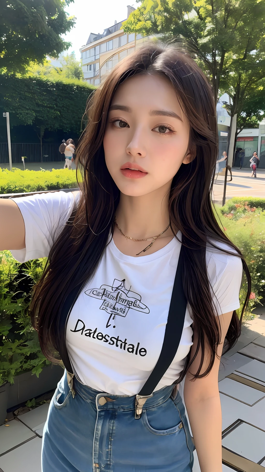 ((length hair, need, 8K, tmasterpiece:1.3)), full bodyesbian, Long legs, Focalors:1.2, perfect figure beautiful woman:1.4, Slim abs:1.1, ((Dark brown hair, large- titsjob:1.2 )), (Random color tight T-shirt, Long denim suspenders, standingn:1.2), ((In the daytime, roofto:1.3)), Highly detailed facial and skin texture, detailed eye, 双眼皮,(((Do not wear jewelry around your neck))),(((The handle is hidden and the hand arm is not visible vertically))),In the forest,The color of a real person