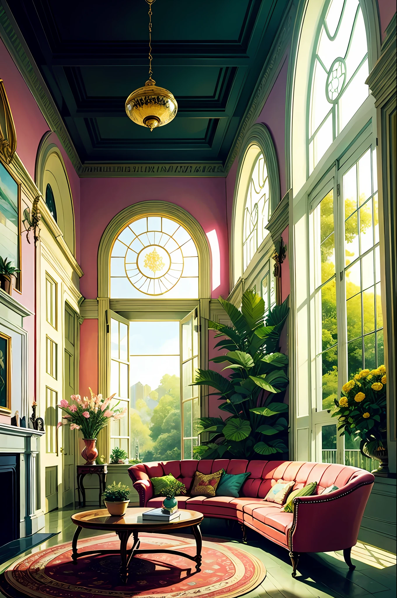 (Comic Style:0.77), (Line Art:0.77), Architectural digest photo of a maximalist green solar living room with lots of flowers and plants, golden light, hyperrealistic surrealism, award winning masterpiece with incredible details, epic stunning pale pink surrounding and round corners, big windows, (no people|no humans),
