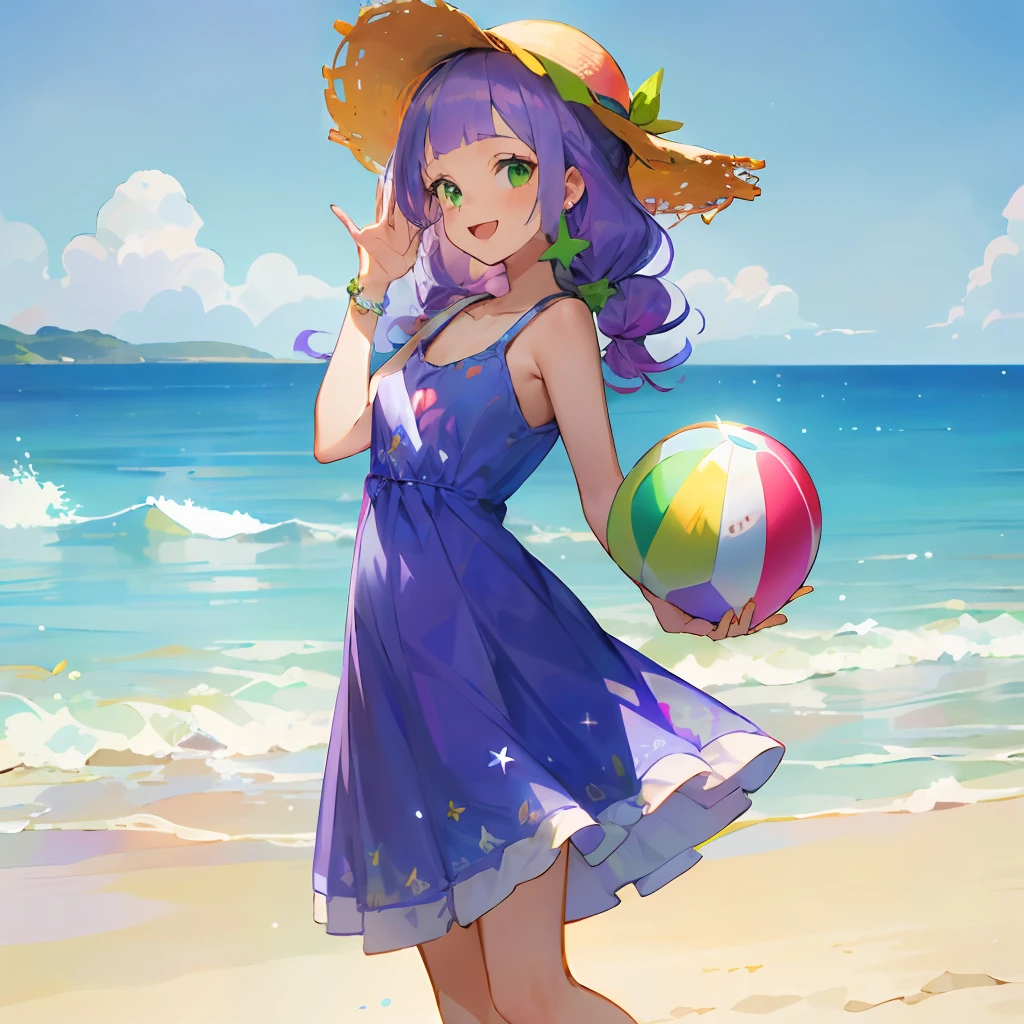 (teens girl:1.0), (lavender hair, medium length:1.2), (soft waves hairstyle:1.1), (bright green eyes, round:1.2), (casual beach clothing:1.2), (lightweight summer one-piece dress:1.2), (straw hat:1.0), (flip flops:1.0), (star-shaped earring:1.1), (lace headband:1.0), (cute accessories:1.3), (peaceful smile :D:1.1), (casual pose, standing:1.3), (beach background:1.3), (holding a beach ball:1.1)