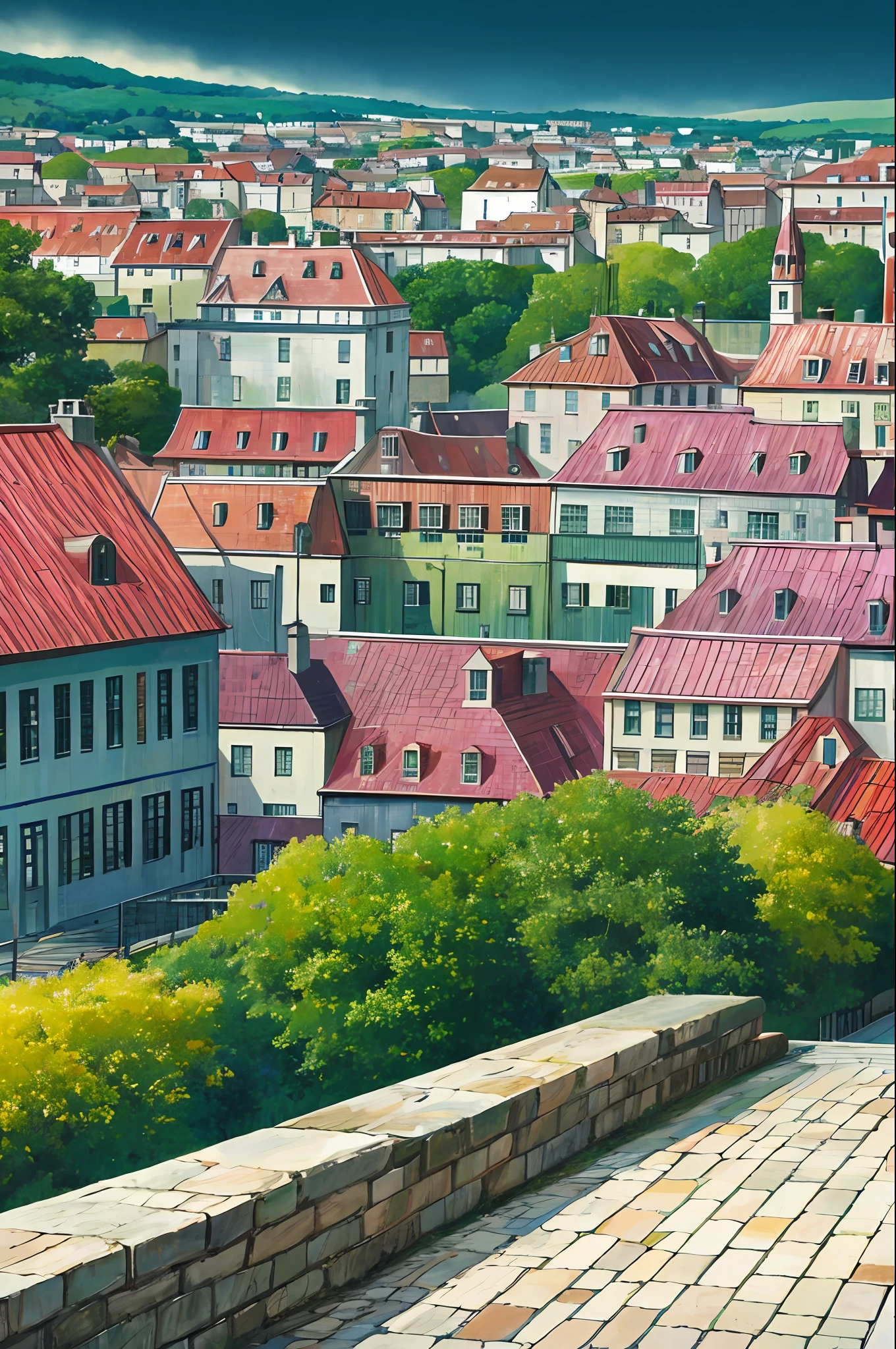 Polychrome, limited palette, colorful, scenery, rainbow, green city,, detailed background, masterpiece, best quality,
