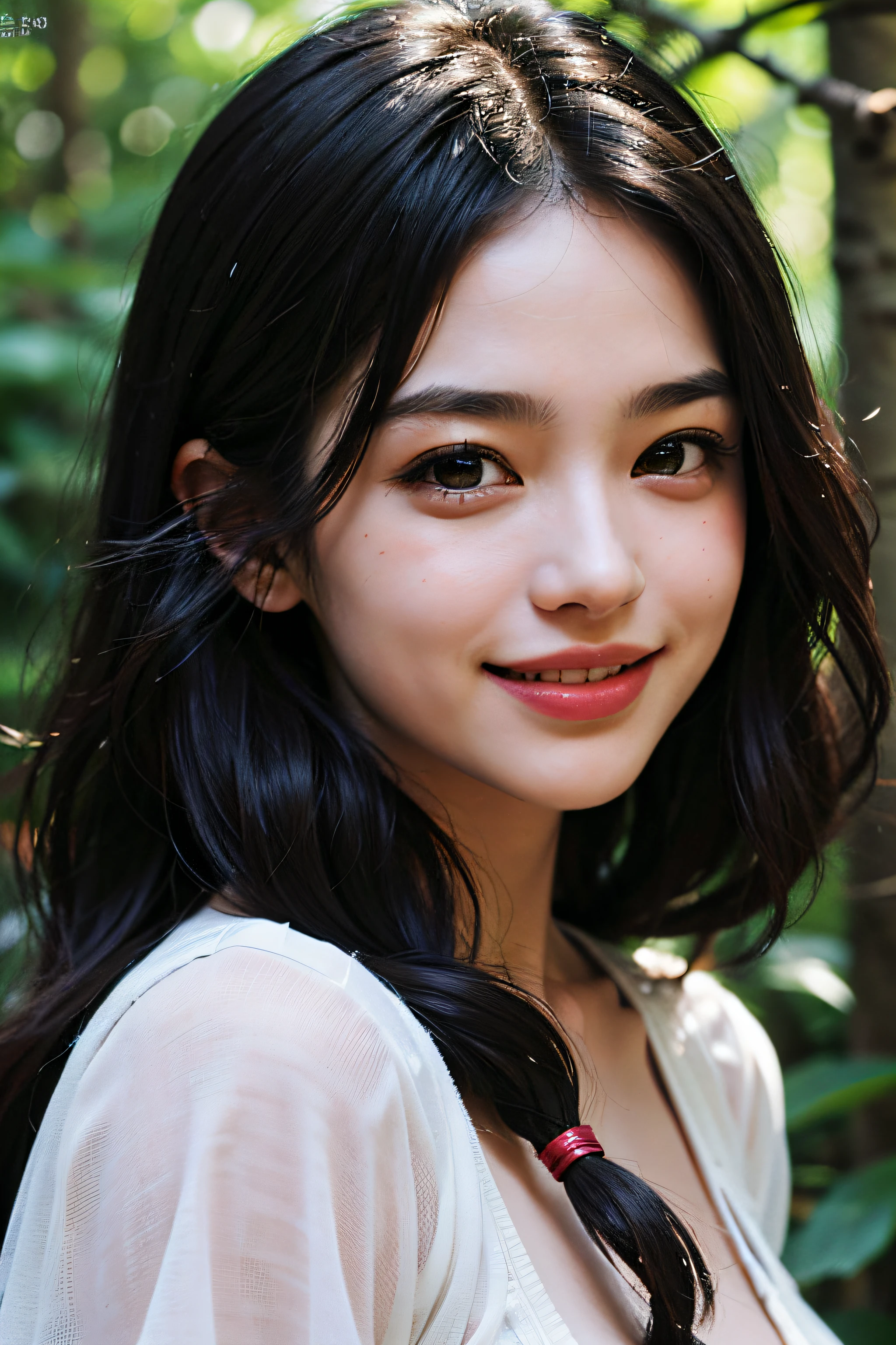 best qarity、masterpiece、photoRealstic、intricate-detail、Raw foto、Photon Rendering、Octane Rendering、absurderes、ultra-detailliert、detailed face with、Detailed skin、Trending in art stations、in 8K、masterpiece、lighting like a movie、( (1girl in))、((独奏) ))、((Behold))、CG Social Trends、Plastic En、((Black Long Hair))、((a beautiful lady))、(A smile),summer clothing、(White Skin Skin)、Fashionable、A sexy、Hair that flutters in the wind、((Flowing hair))、fashion magazine、((lighting like a movie))、Innocent eyes、blusher、Open lips、Upper teeth、(Smiling eyes:0.6)、 ((grinning:1.2))、depth of fields,、((a woods))、great laughter、