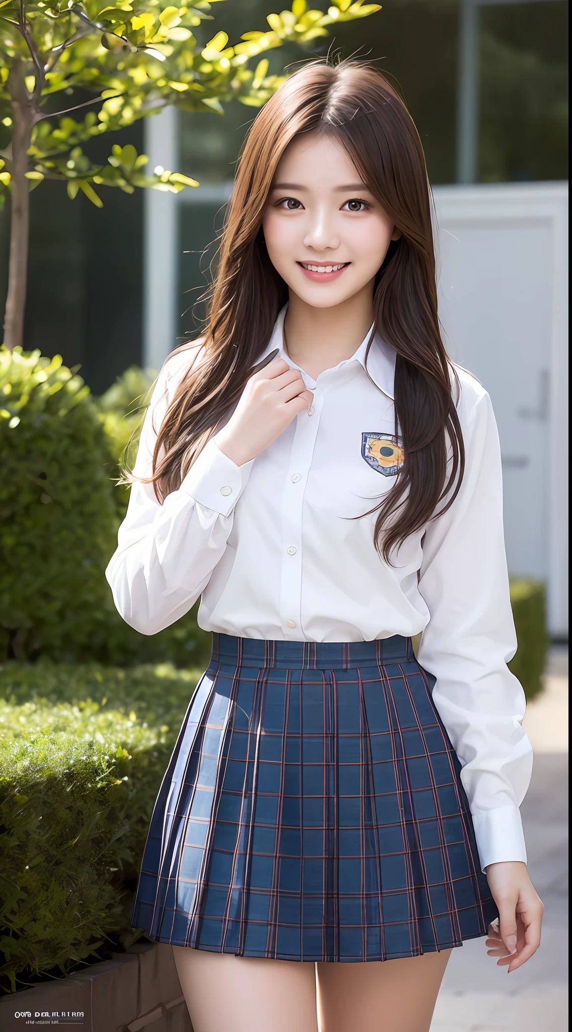 Very detailed 8k wallpaper)、foco nítido、in detail、Drama、Delicate and beautiful schoolgirl、16 yrs old、Sheer white shirt、a short skirt、ligh brown hair、hair adornments、Beautiful and sexy、A smile、Peek at the viewer、Beautiful graphics、Bright school building、Full of students、knee、