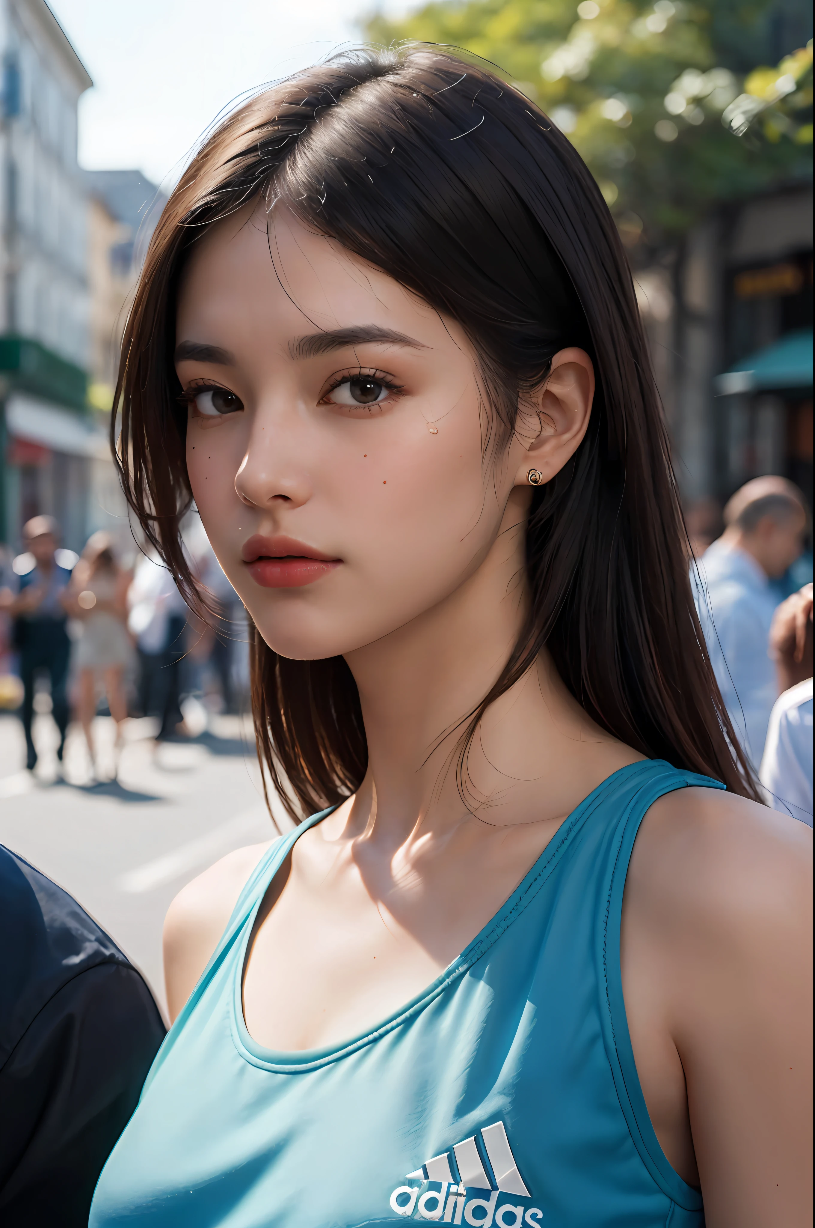 ((masterpiece)), (ultra detailed), ((realistic)), (better Quality), A woman wearing an Adidas outfit, Jordan shoes, long hair, hair band, and a beautiful face, is going shopping in a crowded street. The focus is on her, and the photography style is street photography. 8k smooth, clear facial features, realistic, photography, photoreal, (high definition :1.0),(Realism:1.4), Waist Shot(WS), (Realistic skin:1.4), (Exquisite and clear portrait:1.4), (high resolution:1.4), (Fashion portrait photography:1.4), (photos realistic:1.4), (Super realistic:1.4), (Realistic:1.3), (Smoother lighting:1.05), (Improve the quality of film lighting:0.9), (realism:2.0), (realistic skin:1.7), (natural light:1.2),