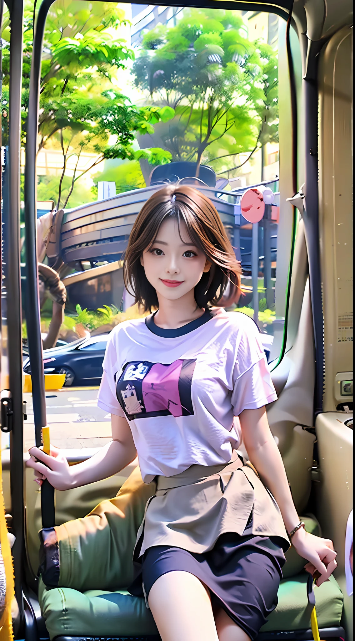 ((A summer masterpiece)),high high quality,Warm natural light,Busty 20 year old girl,Rounded face,Wheat skin,Cute T-shirt short skirt,interior scenes,Smile warmly,The colors are warm and natural,中景 the scene is。