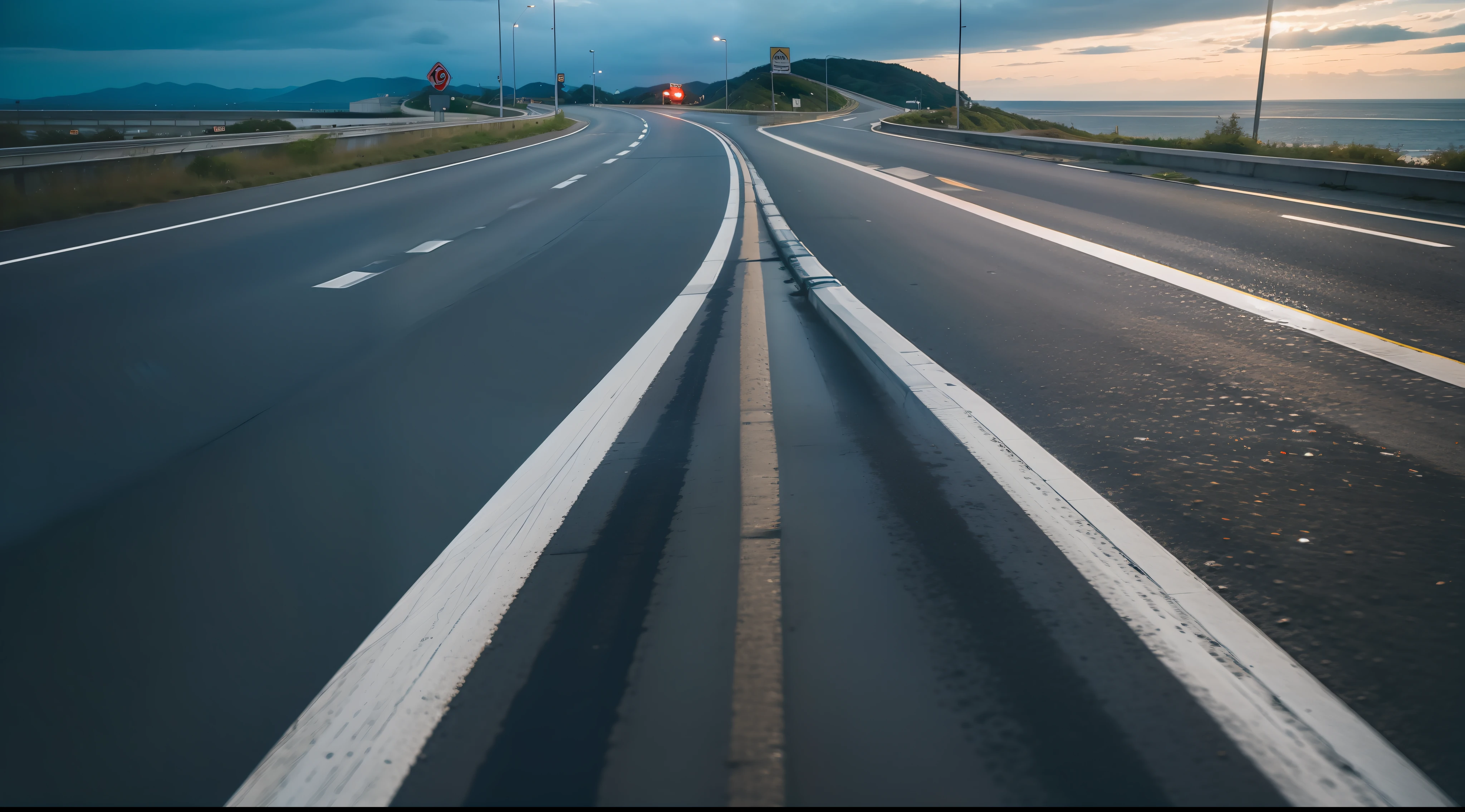 Future city scenic highway，Asphalt pavement，A close-up of a highway，Live photos，8K，Kodak，shutter inventory