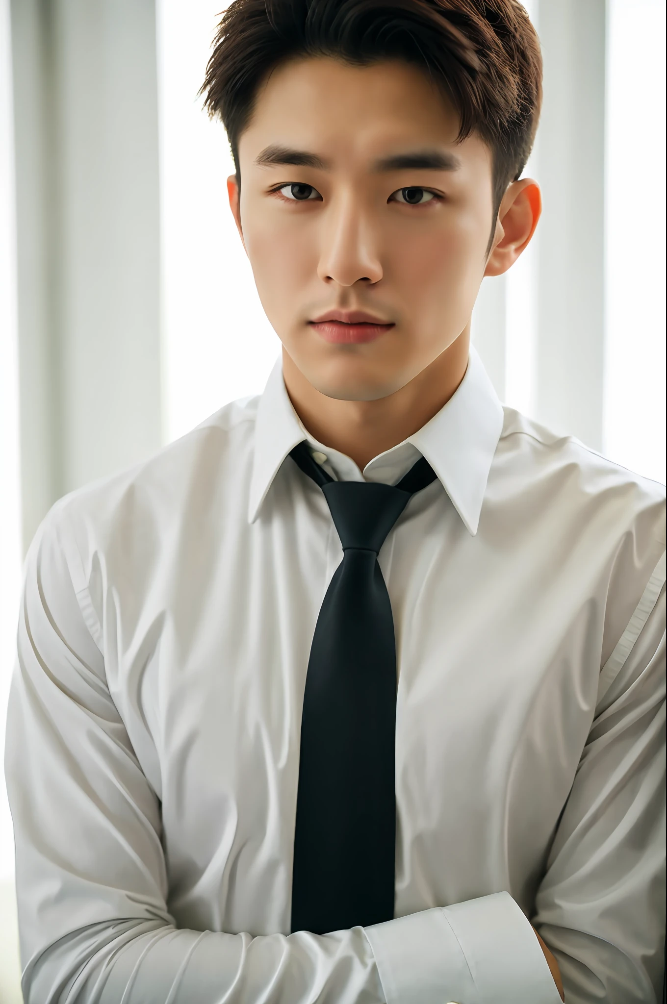 1man, a 25-year-old muscular man, wears a long-sleeved white shirt and tie, bodice, soft lighting, masterpiece, best quality, 8k ultra HD, DSLR camera, film grain, Midjourney and greg rutkowski's Fujifilm XT3 realistic painting art