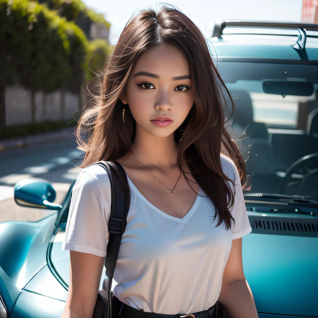 arafed woman standing in front of a blue car with a backpack, menina modelo bonita, modelo bonito da menina, Madison Beer Girl Retrato, Retrato Sophie Mudd, Ross Tran 8 K, Cerveja Madison, No estilo de Ross Tran, Anna Nikonova aka Newmilky, modelo feminino bonito, menina atraente, lindo modelo jovem, mulher jovem bonito, Beautiful Asian girl