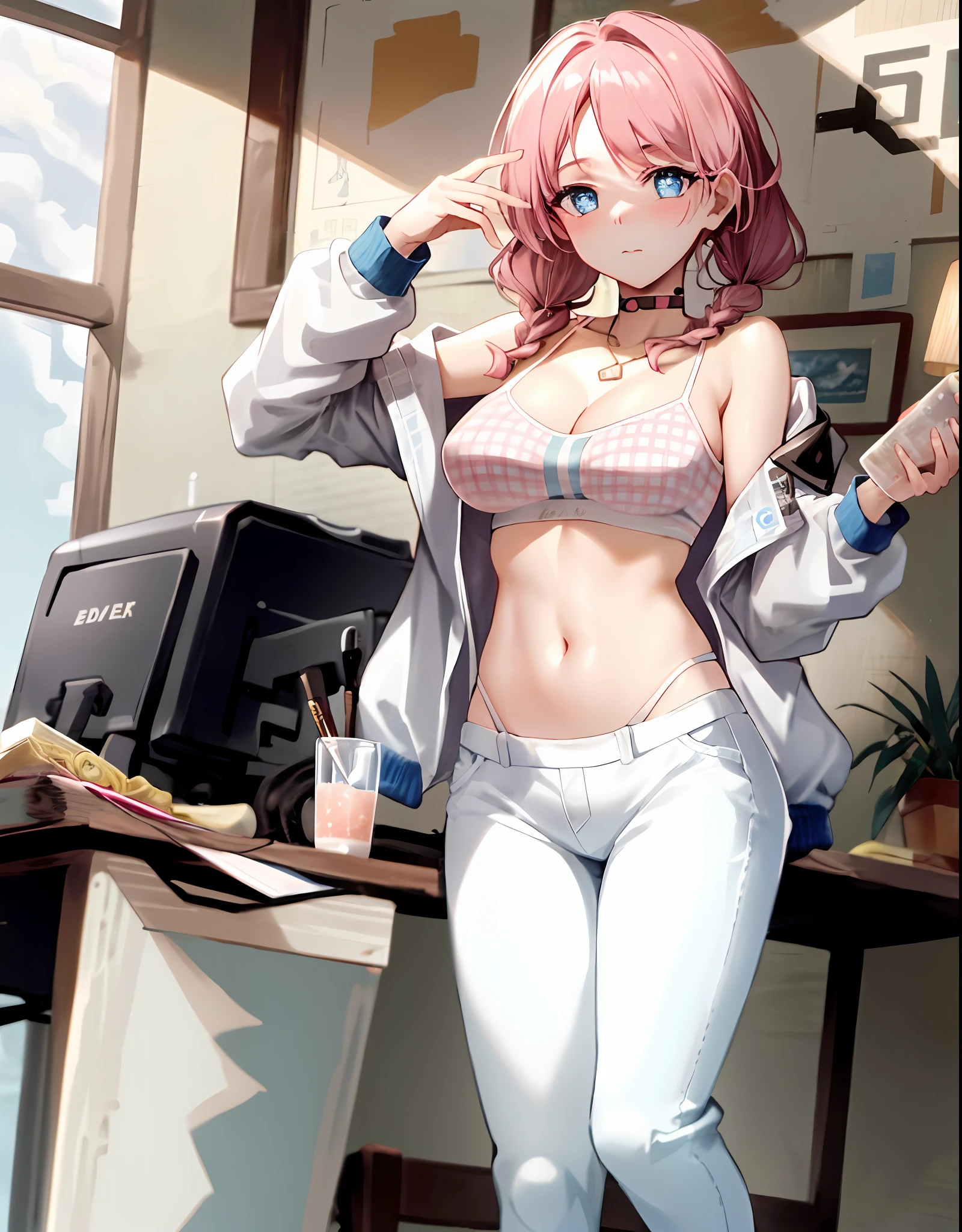 (((tmasterpiece))),((ultra detali)),(Very detailed CG unity 8k wallpaper),A high resolution,(very detailed illustration),
Shoal beat, 1girlhugebreasts, breastsout, Blue poison \(Shoal beat\) \(arknights\), 独奏, Official alternating costumes, Pink necklace, jaket, twin braid, pigtails, looking looking at viewer, navels, choker necklace, Hold,big covered breasts, Open jacket, Exposed shoulder, bare shoulders, By bangs, jewely, 耳Nipple Ring, Sports bra, stomach, manga comprida, trouser, Black pantsuit, hair ties, Open your clothes, White jacket, length hair,, skinny pants, 鎖骨, Take the bottle, abdominals, chai, kneesup, , Separate bangs, spaghetti straps, Blushlush, Hand up, standingn, Keep one's mouth shut, Great legs, Erotic lingerie
