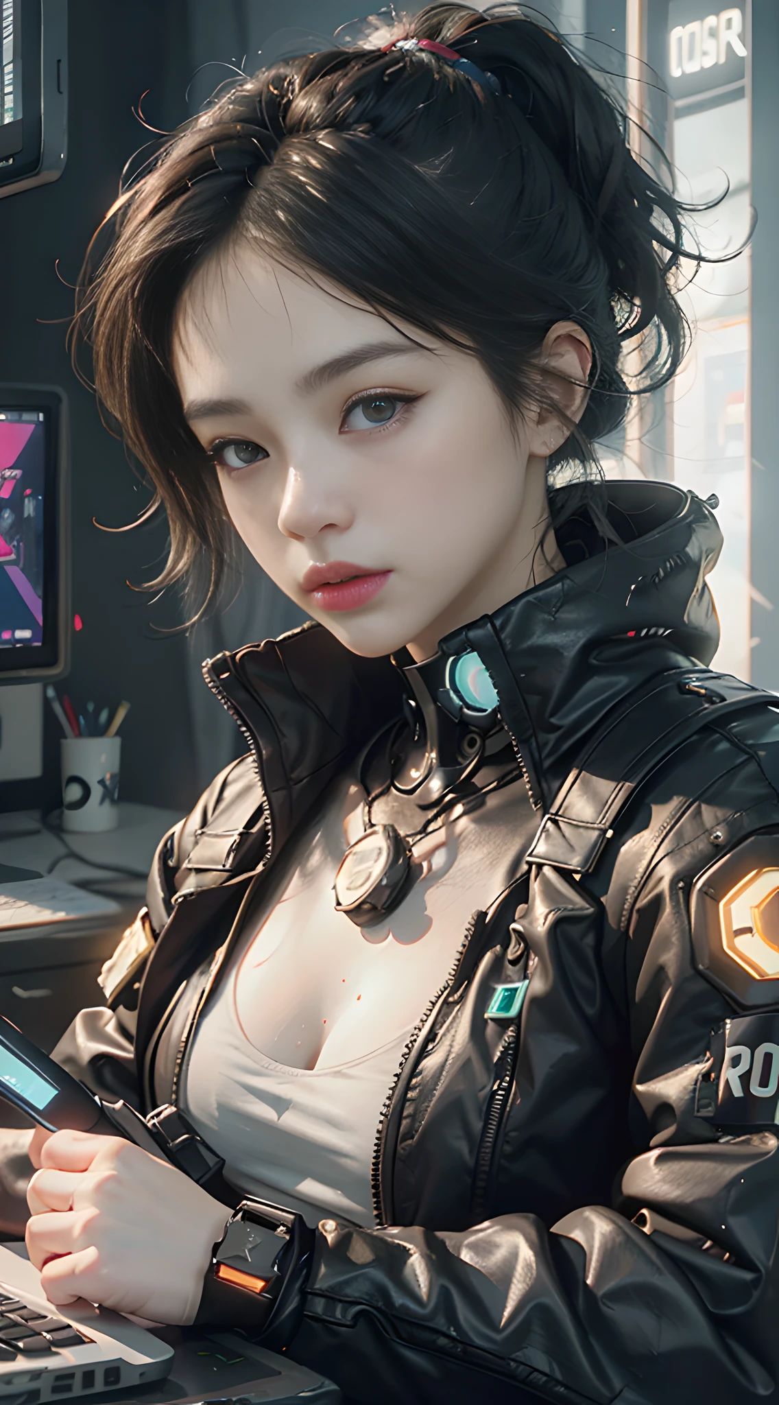 ((Best Quality)), ((Masterpiece)), (Very detailed:1.3), 3D, Beautiful (Cyberpunk:1.3) Female hacker, Mohican hairstyle, back to viewer, thick hair, operating computer terminal, head-mounted display, computer server, LCD screen, fiber optic cable, company logo, HDR (high dynamic range), ray tracing, nvidia RTX, super resolution, Unreal 5, subsurface scattering, PBR texture, post-processing, anisotropic filtering, depth of field, Maximum sharpness and sharpness, multi-layered textures, albedo and highlight maps, surface shading, accurate simulation of light-material interactions, perfect ratios, octane rendering, duotone lighting, low ISO, white balance, rule of thirds, wide aperture, 8K RAW, efficient sub-pixels, subpixel convolution, luminous particles, dynamic pose