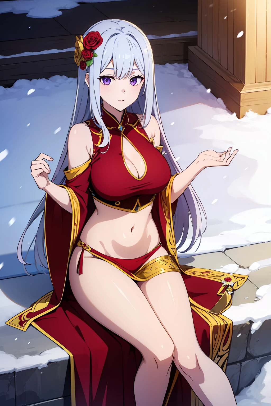 masterpiece, best quality, Freya has a beauty that is superior and outstanding even among the gods. She has long silver hair, purple eyes, and white skin like that of fresh snow. She has a perfect golden ratio, enough to think that the golden ratio originated from her. Her clothes are in large part black and red, they expose most of her stomach and breasts. She also wears two flower-like ornaments in her hair.