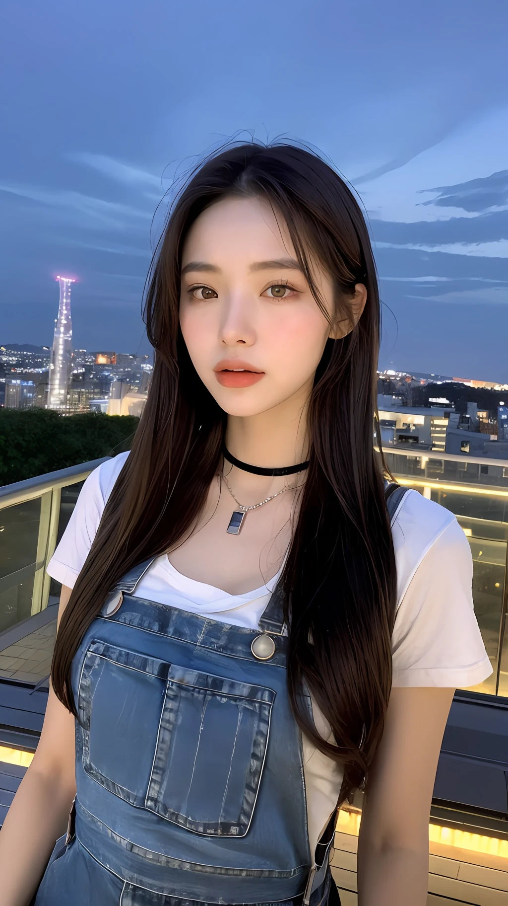 ((length hair, need, 8K, tmasterpiece:1.3)), full bodyesbian, Long legs, Focalors:1.2, perfect figure beautiful woman:1.4, Slim abs:1.1, ((Dark brown hair, large- titsjob:1.2 )), (Random color tight T-shirt, Long denim suspenders, standingn:1.2), ((natta,nightview, roofto:1.3)), Highly detailed facial and skin texture, detailed eye, 双眼皮,(((Do not wear jewelry around your neck))),(((The handle is hidden and the hand arm is not visible vertically))),In the forest,The color of a real person