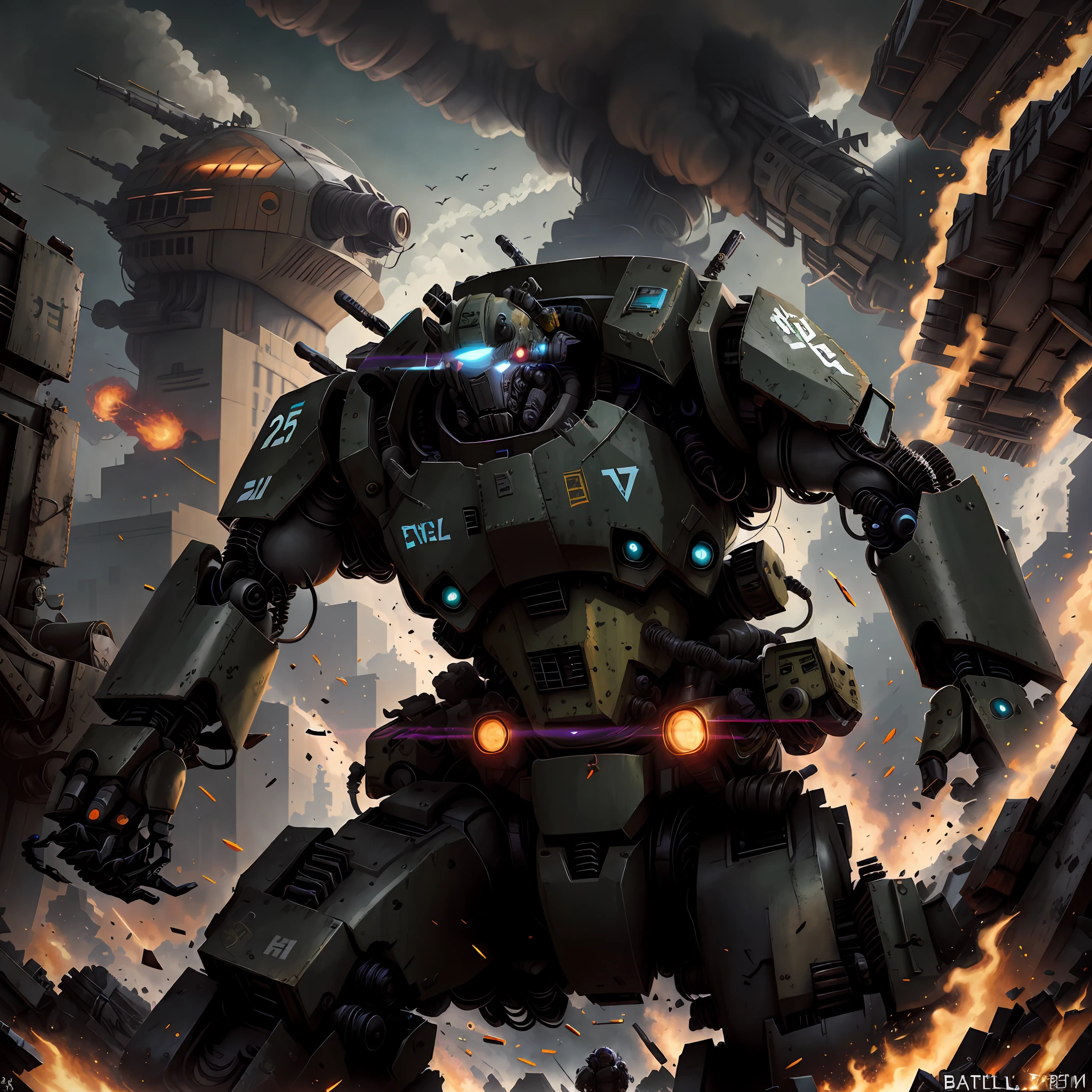 there is a large robot that is standing in front of a city, battlemech, Alexander Ferra Mecha, comic book style battlemech, war mechs fighting, battletech style, mecha art, battlemech, Mecha Inspiration, painterly humanoid mecha, pacific-rim-mech in background, Mecha warrior, cool mecha style,Two eyes
