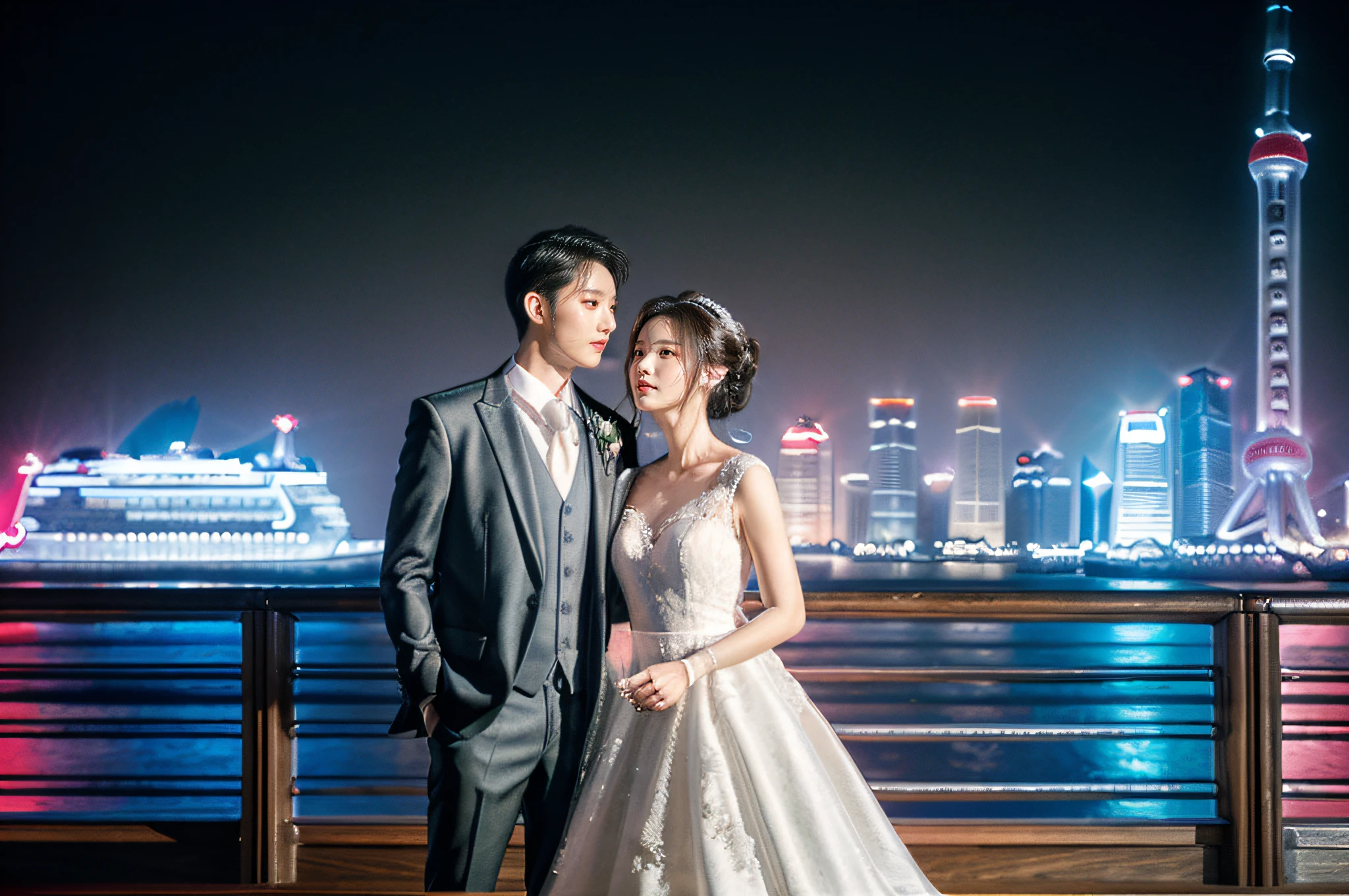 professional wedding photography, (Masterpiece), (intriciate detail), (photorealestic:1.3), (film grain:1.3), (perfect anatomia:1.3), break, party on the deck of a luxury cruise ship, background of Shanghai at night, break, a romantic photoshoot of a handsome man and cute woman couple, wearing elegant outfits