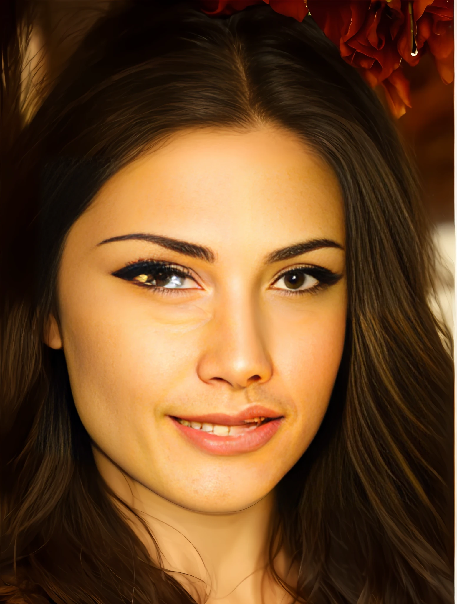 arafed woman with long brown hair and a red flower in her hair, Piel de oliva impecable, Hermosa cara latina, Rostro hermoso y piel impecable, Atractivo rostro femenino!!!, Hermosa cara atractiva, Cara hermosa!!!!, beautiful cheekbones, Brillo natural difuso de la piel, piel de oliva claro, Cara como Gal Gadot, Tonos de piel naturales perfectos, Cara hermosa!, Cara hermosa