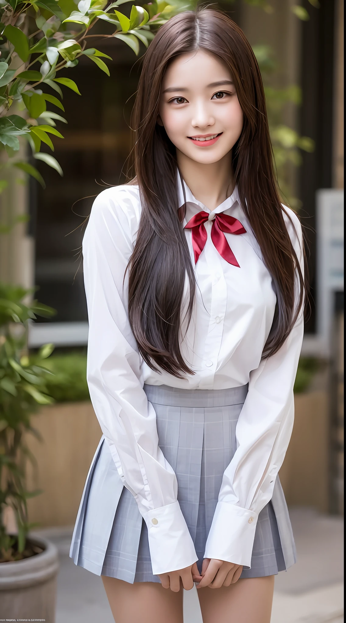 Very detailed 8k wallpaper)、foco nítido、in detail、Drama、Delicate and beautiful schoolgirl、16 yrs old、Sheer white shirt、Red ribbons、a short skirt、ligh brown hair、hair adornments、Beautiful and sexy、A smile、Peek at the viewer、Beautiful graphics、Bright school building、Full of students、knee、