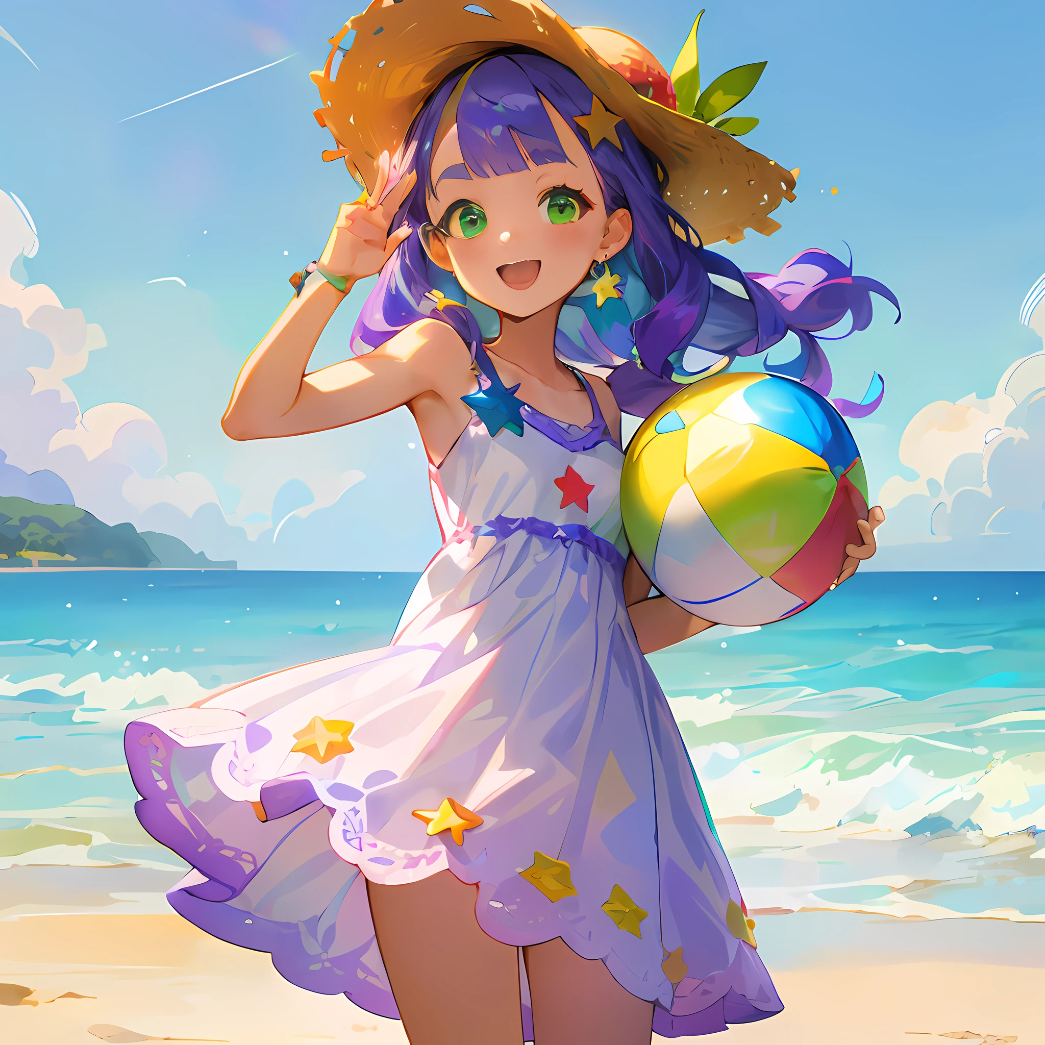 (teens girl:1.0), (lavender hair, medium length:1.2), (soft waves hairstyle:1.1), (bright green eyes, round:1.2), (casual beach clothing:1.2), (lightweight summer one-piece dress:1.2), (straw hat:1.0), (flip flops:1.0), (star-shaped earring:1.1), (lace headband:1.0), (cute accessories:1.3), (peaceful smile :D:1.1), (casual pose, standing:1.3), (beach background:1.3), (holding a beach ball:1.1)