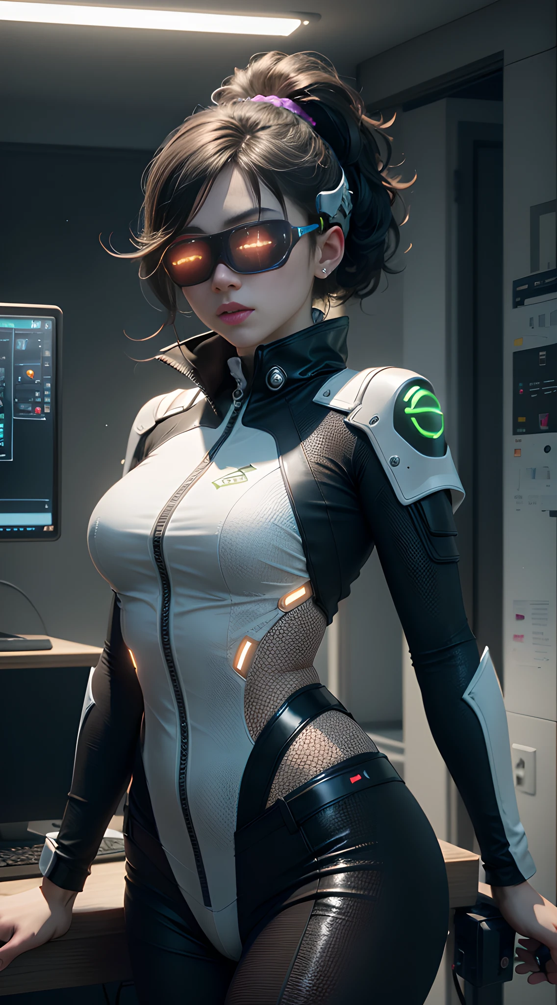 （（bestquality））， （（master masterpiece））， （Very Detail：1.3）， 。.3d， Beautiful （Cyberpunk：1.3） Female hacker，Mohican hairstyle，Looking at the Audience，Thick hair，Operate a computer terminal，Head-mounted display，Computer server，LCD screen，Fiber optic cable，Company logo，hdr（High dynamic range），Ray Tracking，NVIDIA RTX，Super-Resolution，Unreal 5，sub-surface Scattering，PBR textures，Post-processing，Anisotropic filtration，depth of field，Maximum clarity and sharpness，Multi-layer textures，Albedo and highlight maps，Surface coloring，Accurately simulate light-material interactions，Perfect proportions，Octane rendering，Duotone illumination，Low ISO，White balance，trichotomy，Wide aperture，8K RAW，Efficient sub-pixel，Subpixel convolution，Luminous particles，Dynamic pose