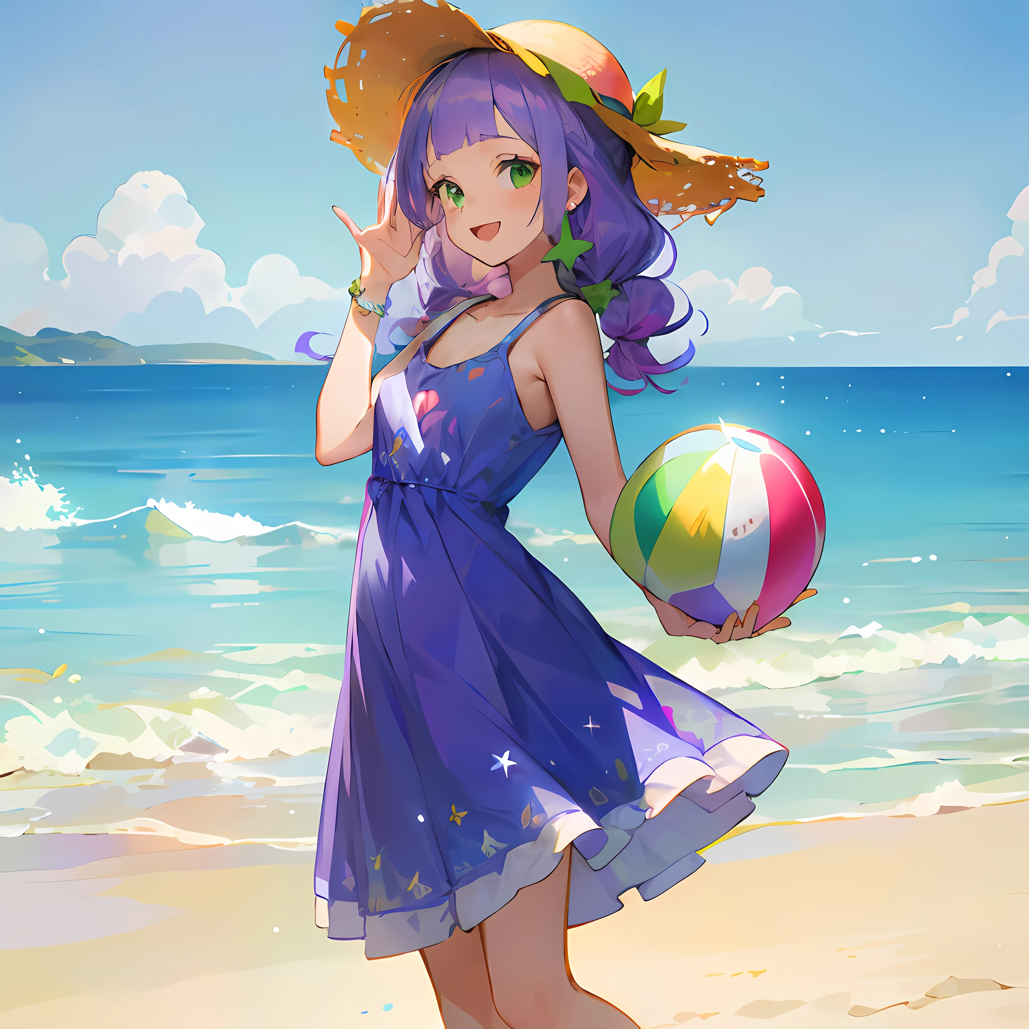 (teens girl:1.0), (lavender hair, medium length:1.2), (soft waves hairstyle:1.1), (bright green eyes, round:1.2), (casual beach clothing:1.2), (lightweight summer one-piece dress:1.2), (straw hat:1.0), (flip flops:1.0), (star-shaped earring:1.1), (lace headband:1.0), (cute accessories:1.3), (peaceful smile :D:1.1), (casual pose, standing:1.3), (beach background:1.3), (holding a beach ball:1.1)