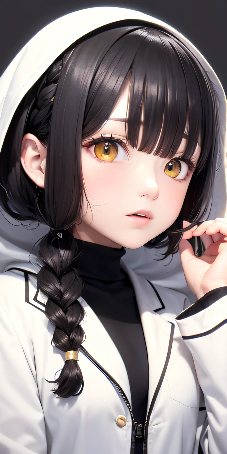 Need,tmasterpiece,whaite hair,Golden eyes,white coats,Look up,Upper body body,Hairline,Fair skin,SideBraid，medium boob