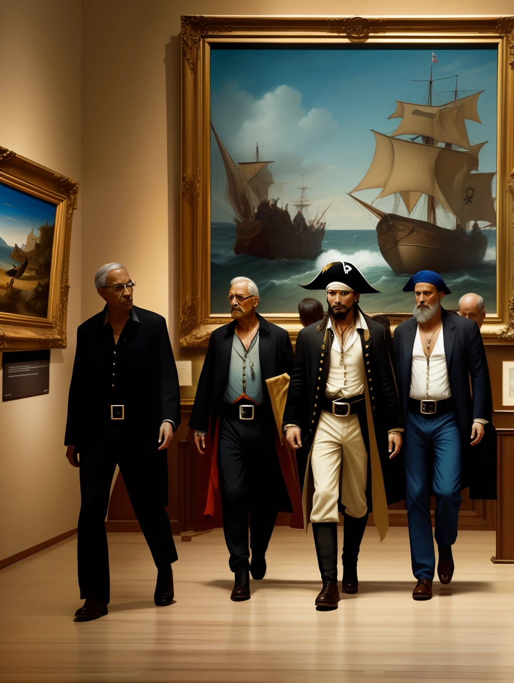 A group of pirates walking out of their own painting in a museum.