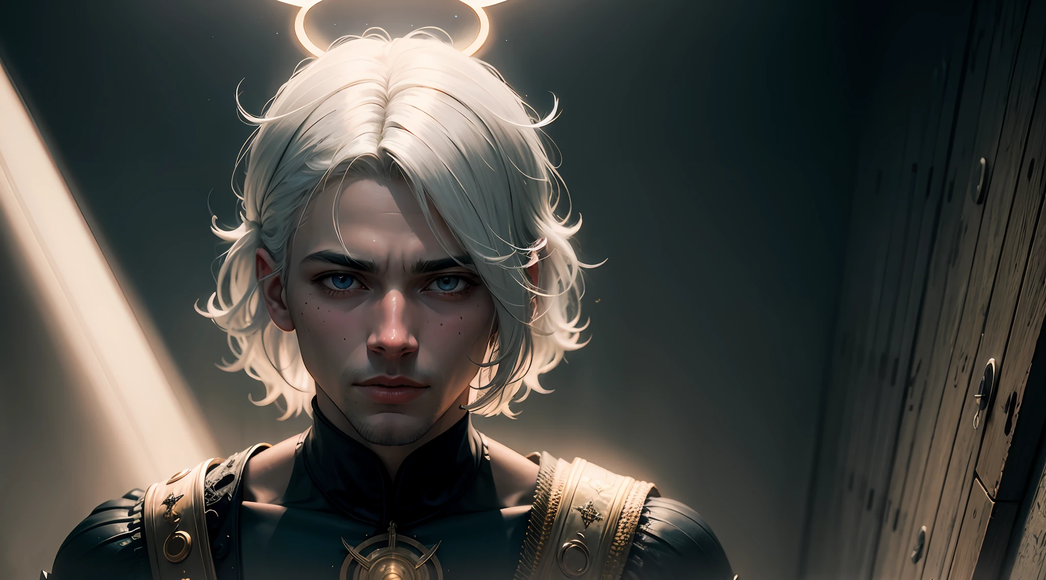 Male angel, white hair, halo, mole under eye, cinematic lighting, god rays, Gothic art, Cubist Futurism, cinematic lighting, UHD, super detail, high details, textured skin