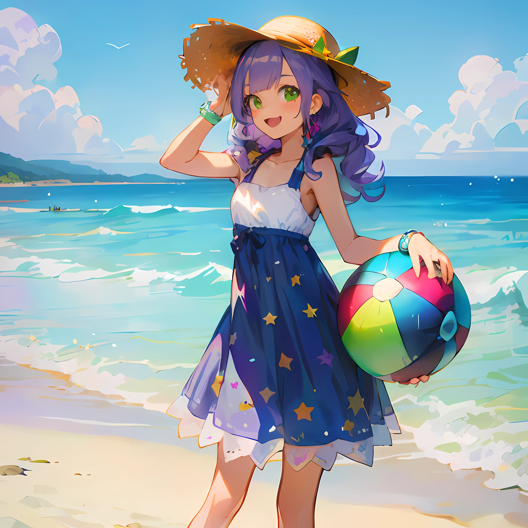 (teens girl:1.0), (lavender hair, medium length:1.2), (soft waves hairstyle:1.1), (bright green eyes, round:1.2), (casual beach clothing:1.2), (lightweight summer one-piece dress:1.2), (straw hat:1.0), (flip flops:1.0), (star-shaped earring:1.1), (lace headband:1.0), (cute accessories:1.3), (peaceful smile :D:1.1), (casual pose, standing:1.3), (beach background:1.3), (holding a beach ball:1.1)