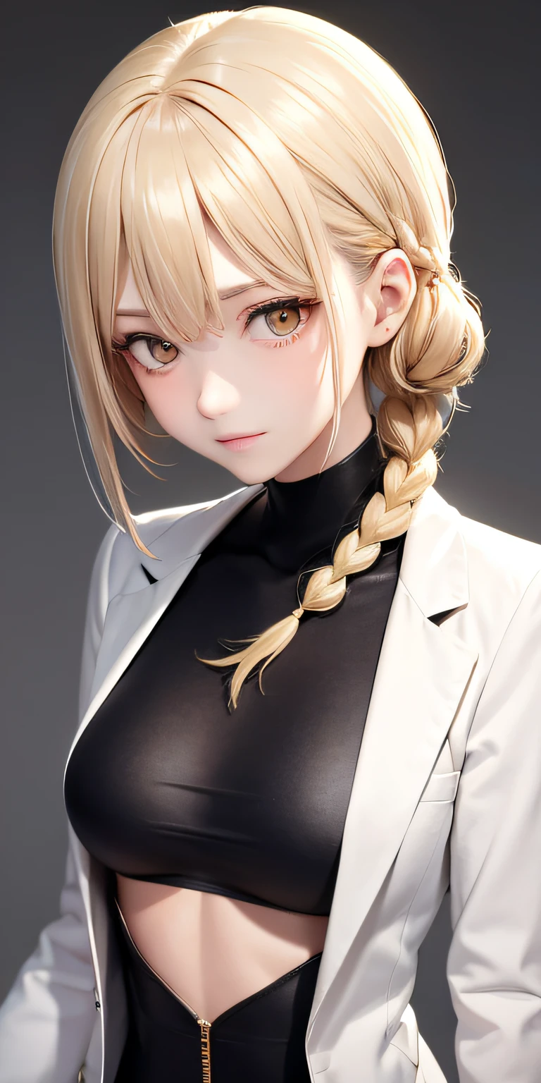 Need,tmasterpiece,whaite hair,Golden eyes,white coats,Look up,Upper body body,Hairline,Fair skin,SideBraid,medium boob