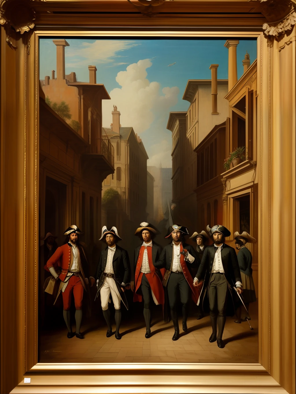 A group of pirates walking out of their own painting in a museum.