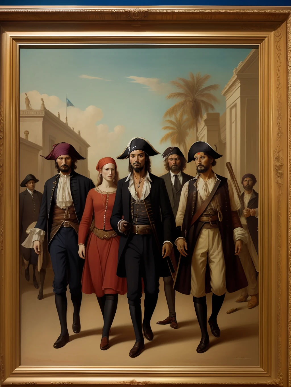 A group of pirates walking out of their own painting in a museum.