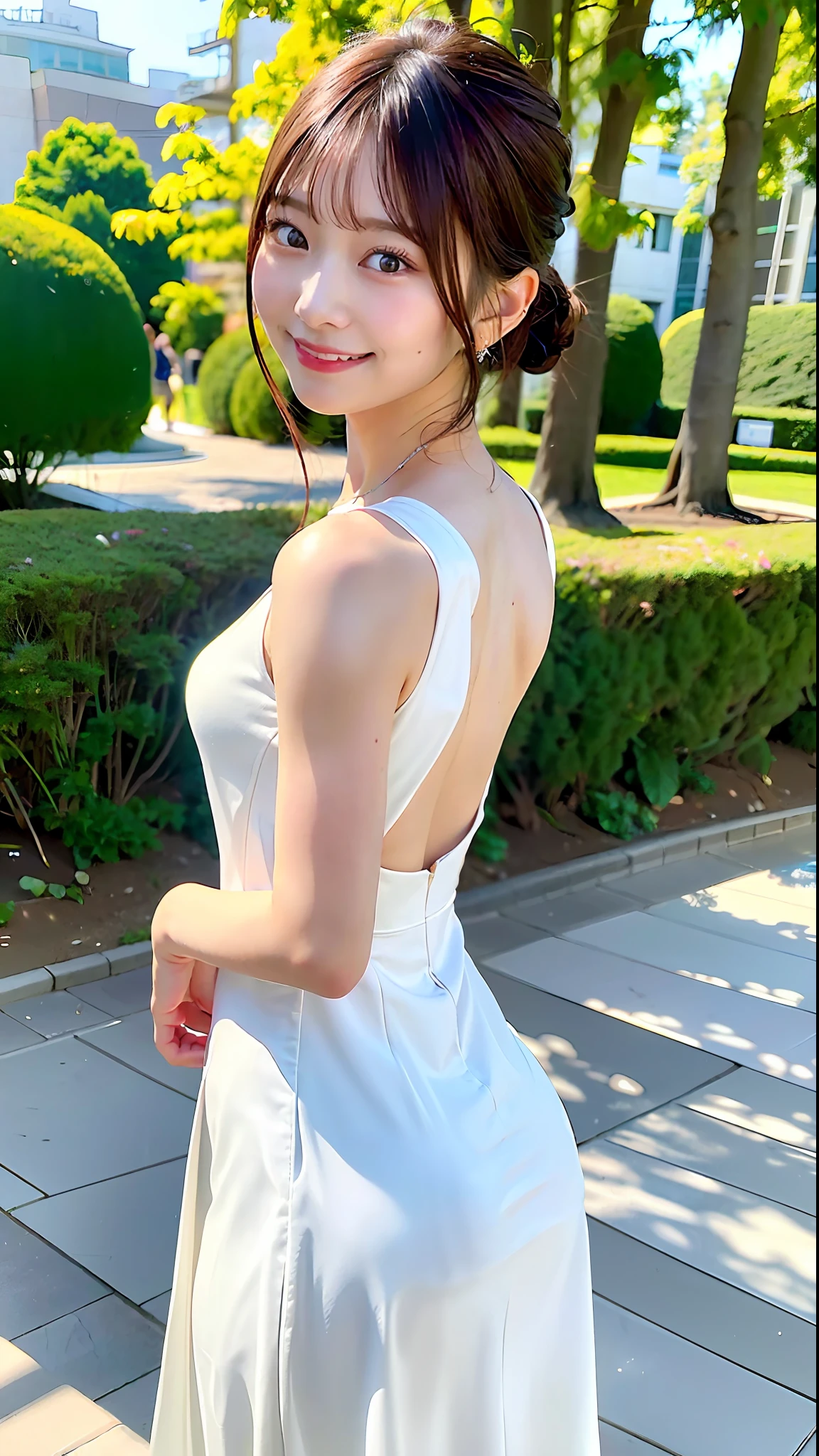 (Top Quality, 8k, 32k, Masterpiece, UHD: 1.2), 1 girl, beautiful Japan woman, thin waist, back figure, (beautiful nape), hairstyle, white long dress, 20 years old, cinematic light, (smiling pose: 1.2), (smiling at whoever you like),
