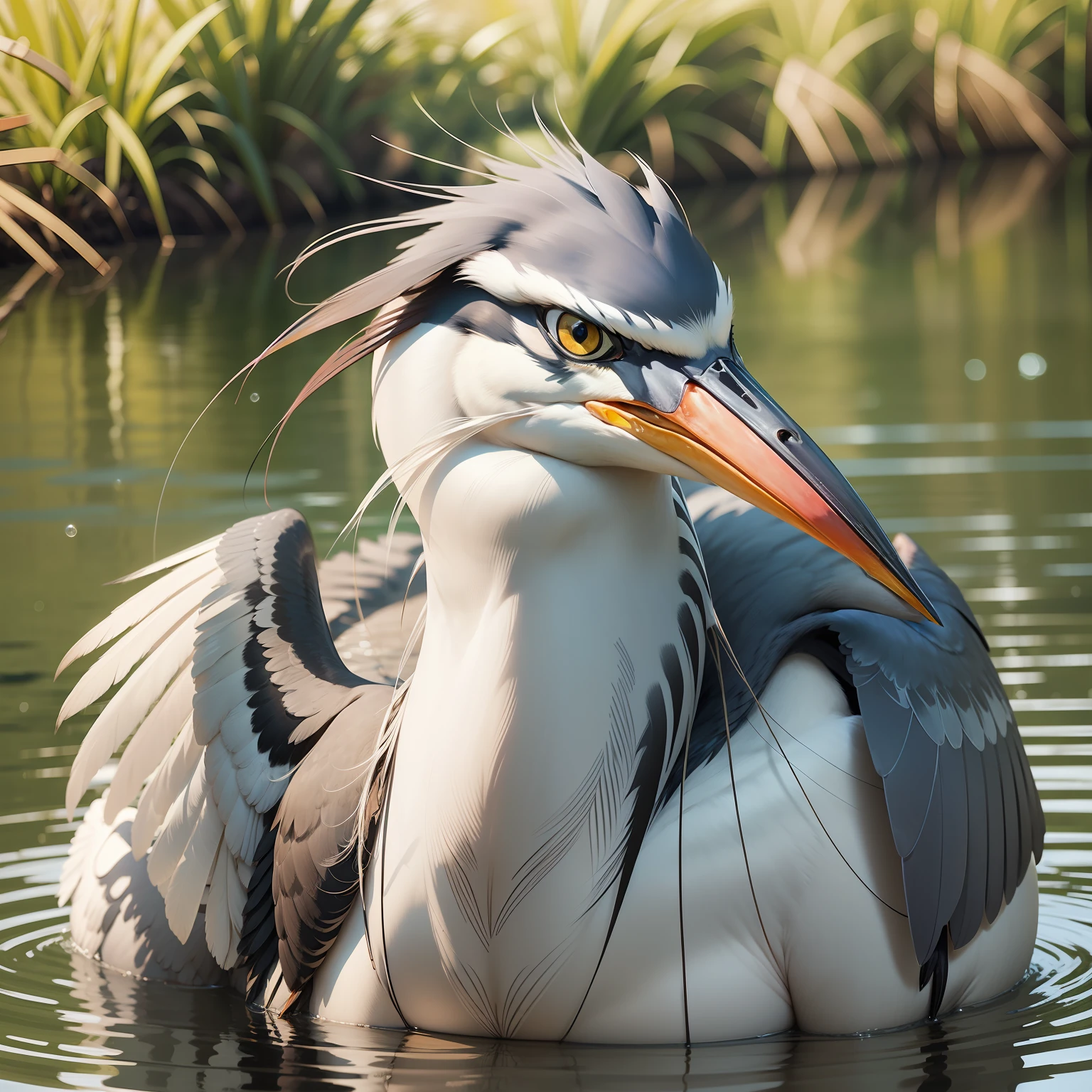 Middle-aged man transformed into a heron。It depicts partial changes in which parts of the body change into the characteristics of herons.。 Heron feathers blue、That expression is mischievous。 The work is depicted against the backdrop of a calm lake。 Middle-aged men's clothing does not exist、Highlights the complete transformation into a heron。 The camera used is a high-resolution DSLR、Capture the intricate details of change。 This composition focuses on the face of a middle-aged man and the features of a heron.、Creating a visually striking juxtaposition。 Due to the slightly elevated perspective、See change from a unique perspective。 Lighting is soft and diffused、Highlights details of heron feathers and male faces。 Shallow depth of field、There is a clear focus on herons and males.、The background is slightly blurry。 Fast shutter speed、The heron's playful expression freezes。 The quality of the photos is very high、Captures vibrant colors and complex texture transitions。 In the final image scene、Middle-aged man undergoes an amazing transformation into a majestic heron、In the tranquil beauty of the lake the essence of his playfulness is captured。 --style raw --without camera --v 5.1