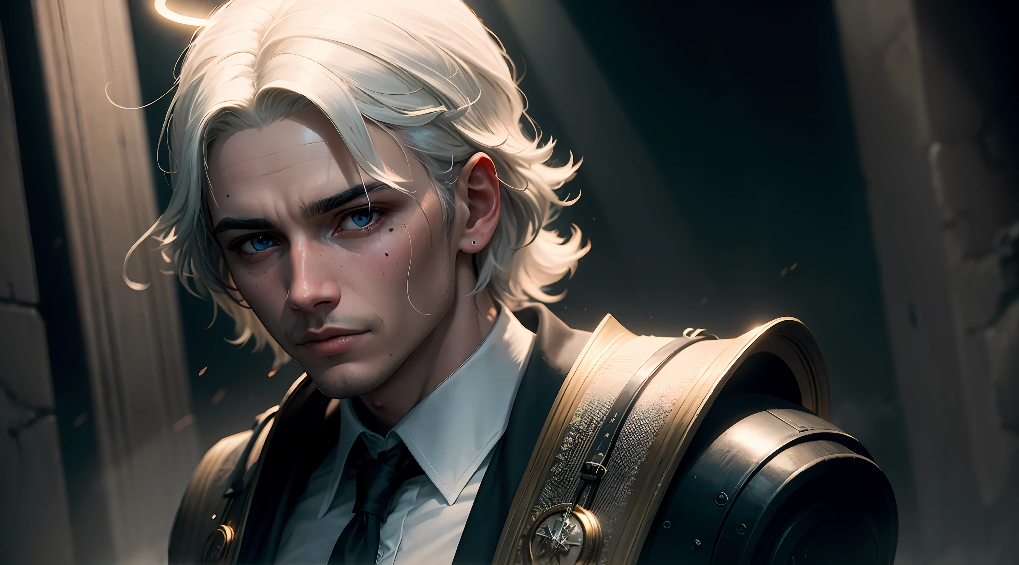Male angel, white hair, halo, mole under eye, cinematic lighting, god rays, Gothic art, Cubist Futurism, cinematic lighting, UHD, super detail, high details, textured skin