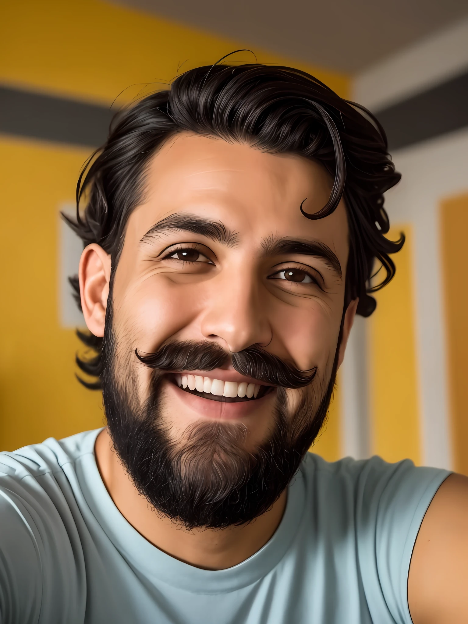 homem sorridente com barba e bigode sentado em uma sala, david rios ferreira, selfie de um homem, icaro carvalho, Carmelo Blandino, foto de perfil headshot, com uma barba pequena, happily smiling at the camera, inspired by Antônio Parreiras, he's smiling, Fotografia selfie 8k, emanuele dascanio