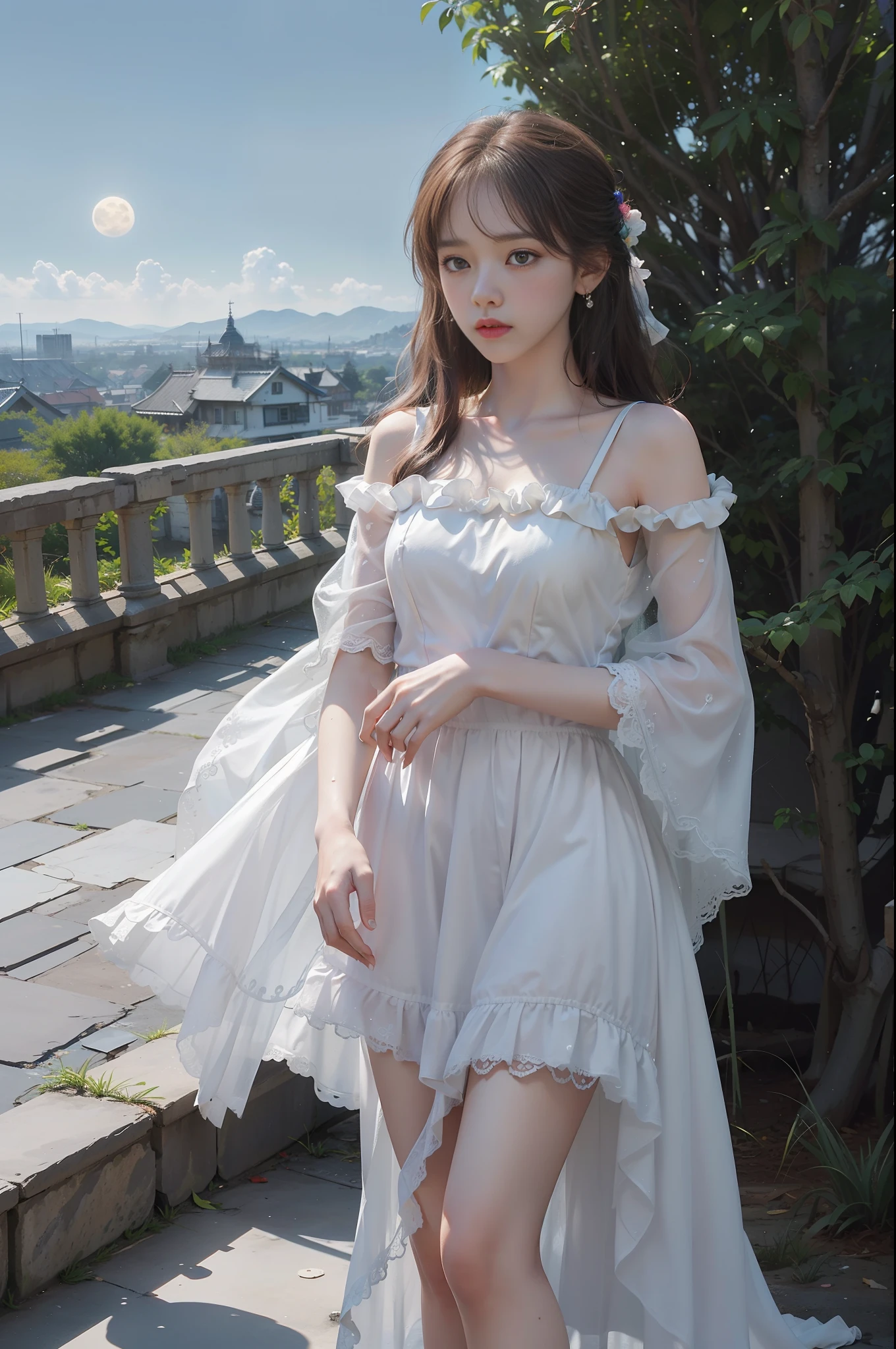 (8k, RAW photo: 1.2), highest quality, ultra high resolution, full body, (fluttering detailed color splash), (illustration), (one girl))), (long hair), (rain: 0.9), (hair ornament: 1.4), there is an ancient palace beside a woman, dress, (focus), color ink wash painting, (color splash), colorful splash, ( Colorful))), (sketch: 0.8), masterpiece, highest quality, beautifully painted, highly detailed, (noise removal: 0.6), [splash ink],((ink refraction),(beautiful detail sky),moon,high,detail,(masterpiece, best quality, highly detailed cg unity 8k wallpaper,masterpiece, best quality, super detail),(Lycoris radiata)