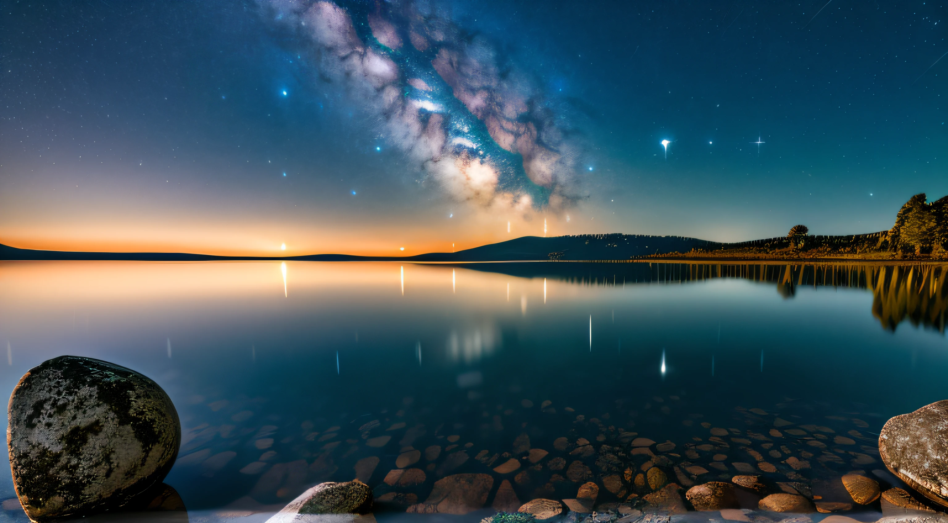 a beautiful view of the milky and the milky over a lake, stars reflecting on the water, night sky reflected in the water, the milky way in the sky, Starry Sky 8 K, the night sky is a sea, long exposure 8 k, the sky has the milky way, Milky Way, milkyway light, mikko lagerstedt, spectacular milky way, dreamy night