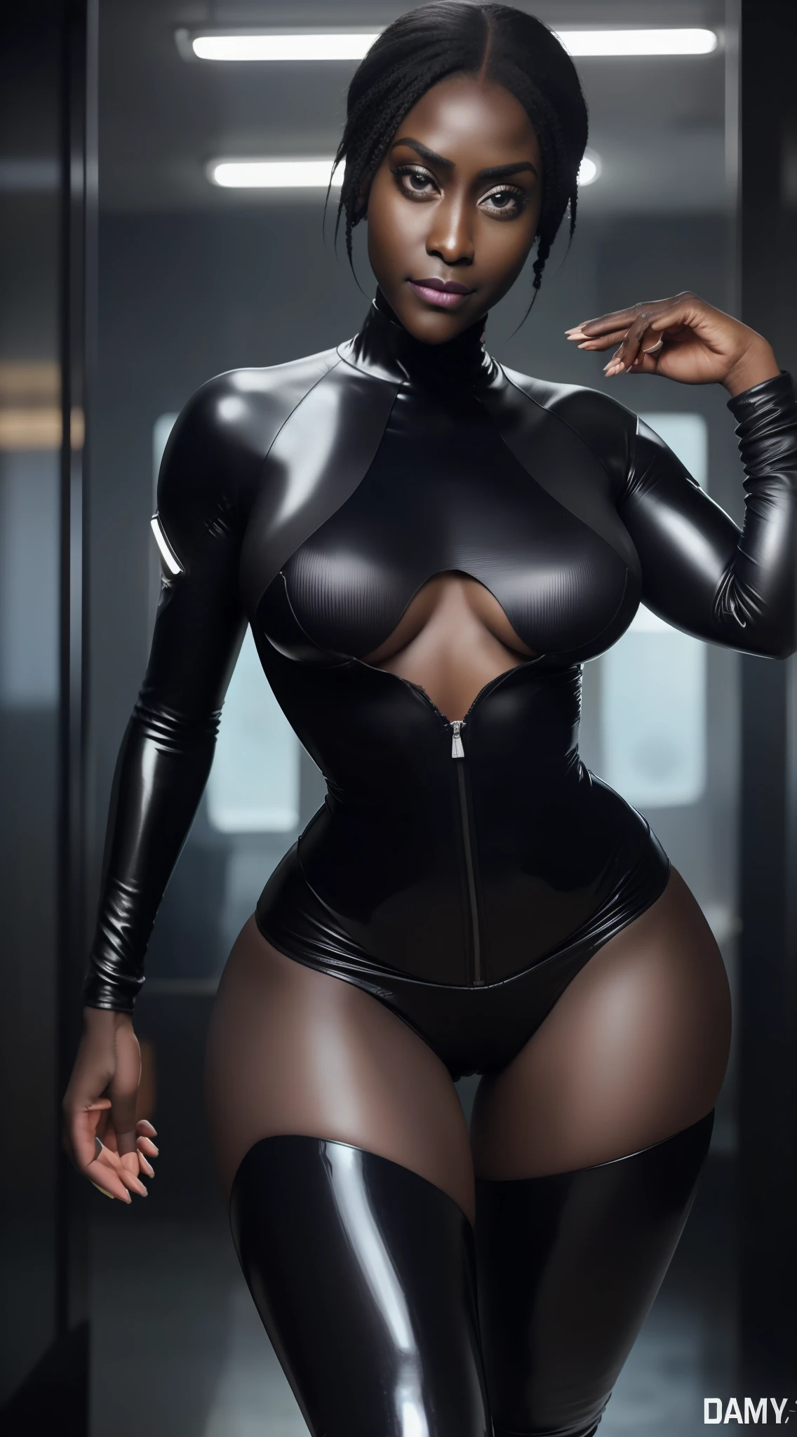 (8k, ARTISTIC photography, best quality, masterpiece: 1.2), (realistic, photorealistic: 1.37), over-detailed, (high-detail skin: 1.2), ((Lashana Lynch)) 8k uhd, SLR camera, soft lighting, high quality, film grain, Fujifilm XT3, cinematic lighting, photonic display, brightness, physically rendered photo (cyber punk Goddess, hacker, African American, dark skin, ebony), beautiful face, (hacking console) ((evil smile)), over-detailed face, (((big open eyes))), beautiful body, voluptuous body, (( dressed as futuristic samurai, latex body suit, ǍCROŇYM)), (((over-detailed women's clothing))), ((( Gore-Tex clothes )), (((smooth matte outfits))), posing, in a dark room with a swat team, tactical unit, MaxTac, special Ops (((pure 8K))), (((perfect anatomy))), extremely high-quality graphics, Riddley scott, ghost in the shell, Blade Runner, Denis Villeneuve (((cinematic lighting))), ((clear details)), complex, highly detailed background,