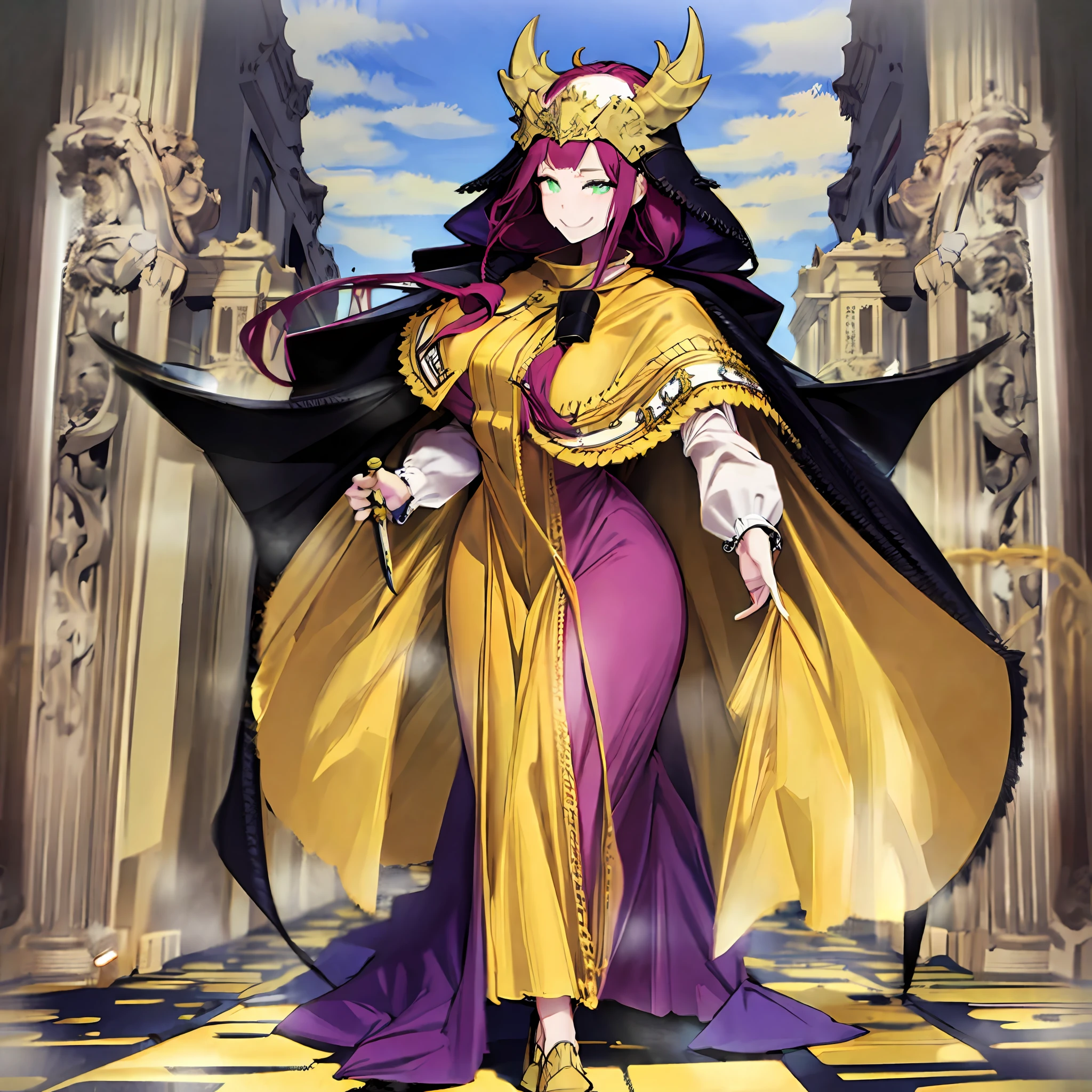 tsubaki yayoioi , blazblue, red hair, green eyes, long hair, tall female, warrior, sword, medieval, twin braids, priestess, holy, holy helmet, medium breasts, yellow cape, stylised helmet, light smile, full body, gold,european cloths, medieval , england, full body, christian, walking, solo focus, holding weapon, long skirt