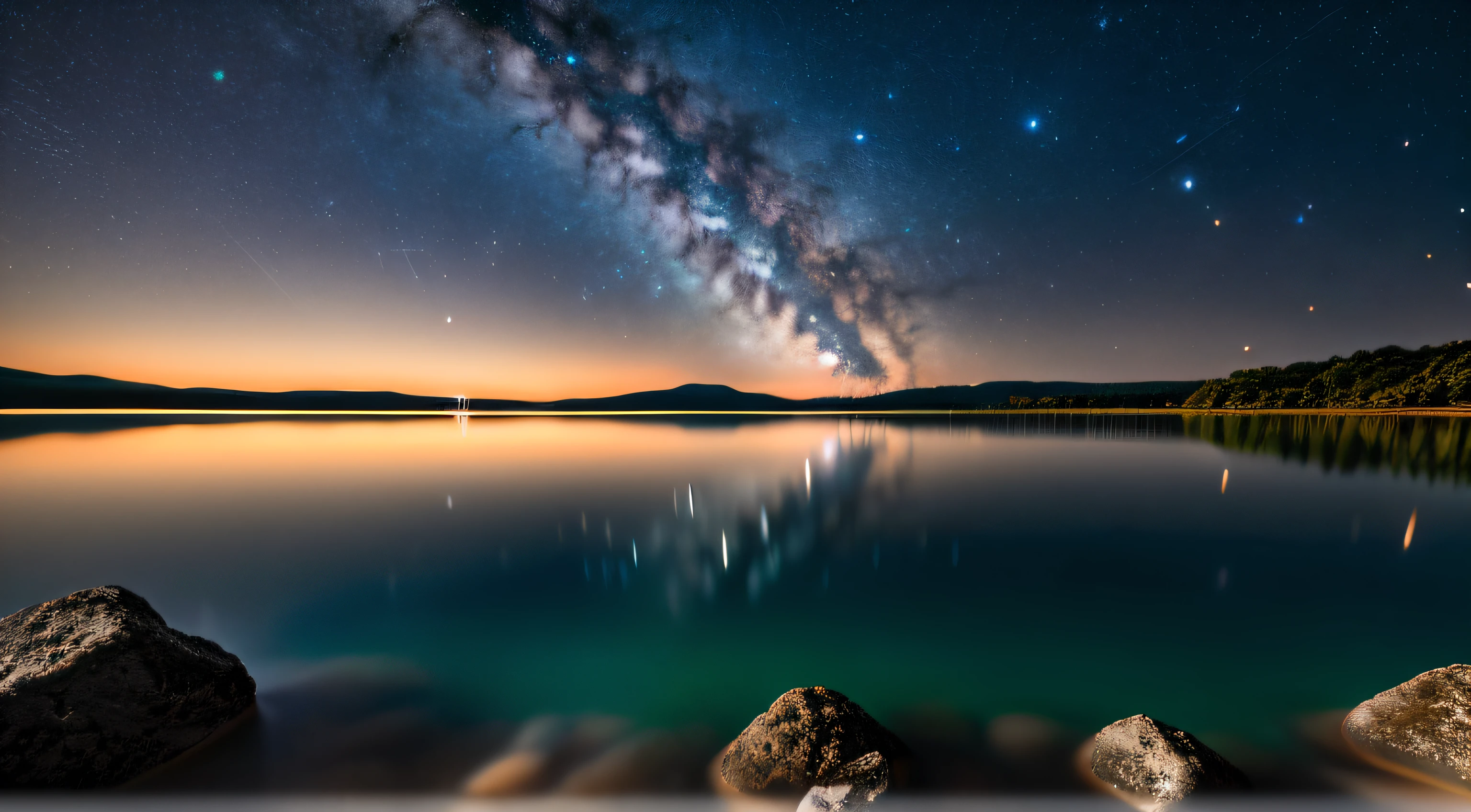a beautiful view of the milky and the milky over a lake, stars reflecting on the water, night sky reflected in the water, the milky way in the sky, Starry Sky 8 K, the night sky is a sea, long exposure 8 k, the sky has the milky way, Milky Way, milkyway light, mikko lagerstedt, spectacular milky way, dreamy night