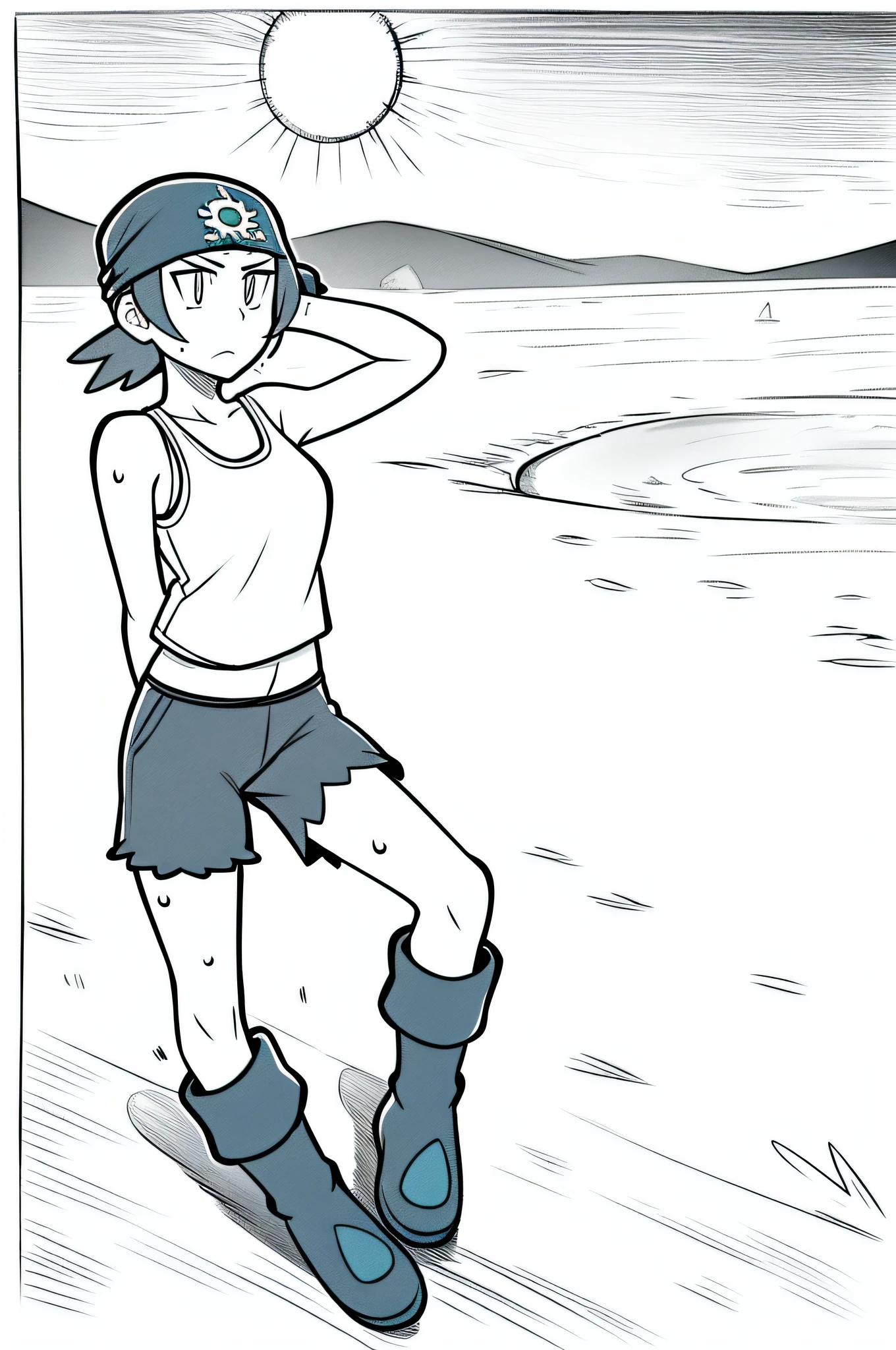 masterpiece, best quality, pkmntag, bandana, white tank top, black shorts, blue boots, looking at viewer, tired, sad, desert, sun, sweat